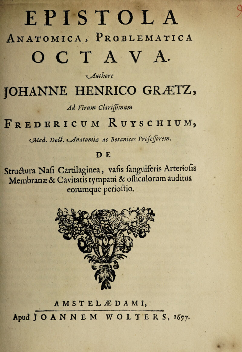 » • Anatomica, Problematica octava. \_Authore JOHANNE HENRICO GRiETZ» Ad Virum Clarijjimum Fredericum Ruys CHIUM, <JHed. Boet. ac B(Manices FrofCjforem. D E Stru&ura Nafi Cartilaginea, vafis fanguiferis Arteriolis Membranae & Cavitatis tympani & officulorum auditus eorumque perioftio. AMSTELjEDAMI, I ' % — ■ ■ - .— - ■ ■ ■■■ ■ -- ■ - ■■■— ■ -■ ■ Uk* Apud JOANNEM WOLTEKS, r6?j.