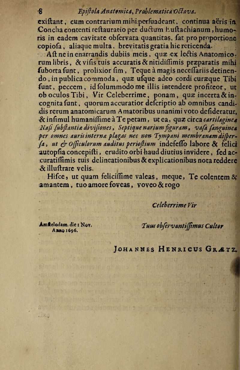cxiftant, cum contrarium mihiperfiiadeant, continua aeris ift Concha contenti reftauratio per duftirm Kuftachianum, humo¬ ris in eadem cavitate obfervata quantitas, fat pro proportione copiofa, aiiaque multa, brevitatis gratia hic reticenda. Aft ne in enarrandis dubiis meis, quae ex leftis Anatomico? rumlibris, &vifistuis accuratis &nitidiffimis praeparatis mihi fuborta funt, prolixior fim, Teque a magis neceflariis detinen¬ do, in publica commoda, quae ufque adeo cordi curaeque Tibi funt, peccem, idfolummodomc illis intendere profiteor, ut ob oculosTibi, Vir Celeberrime, ponam, quae incerta & in¬ cognita funt, quorum accuratior defcriptio ab omnibus candi¬ dis rerum anatomicarum Amatoribus unanimi voto defideratur, &infimulhumaniffimeaTepetam, ut ea, quae circa cartilaginea Nafi fubfia?itia divifiones, Septique narium figuram* vafa fanguinea per omnes auris interna plagas nec non Tympani membranam dijper- Ja> ut & Ojficulorum auditus periofiium indefeflo labore & felici autopfia concepifti, erudito orbi haud diutius invidere, fedac- curatiffimis tuis delineationibus & explicationibus nota reddere & illuftrare velis. ? Hifce, ut quam feliciffime valeas, meque. Te colentem & amantem, tuo amore foveas, voveo & rogo t I / y- , •, ’/ . * - , Celeberrime Vir Amftclodam. die i Nov. Ajmq 1696. Tvus objervantifipmus Cultor