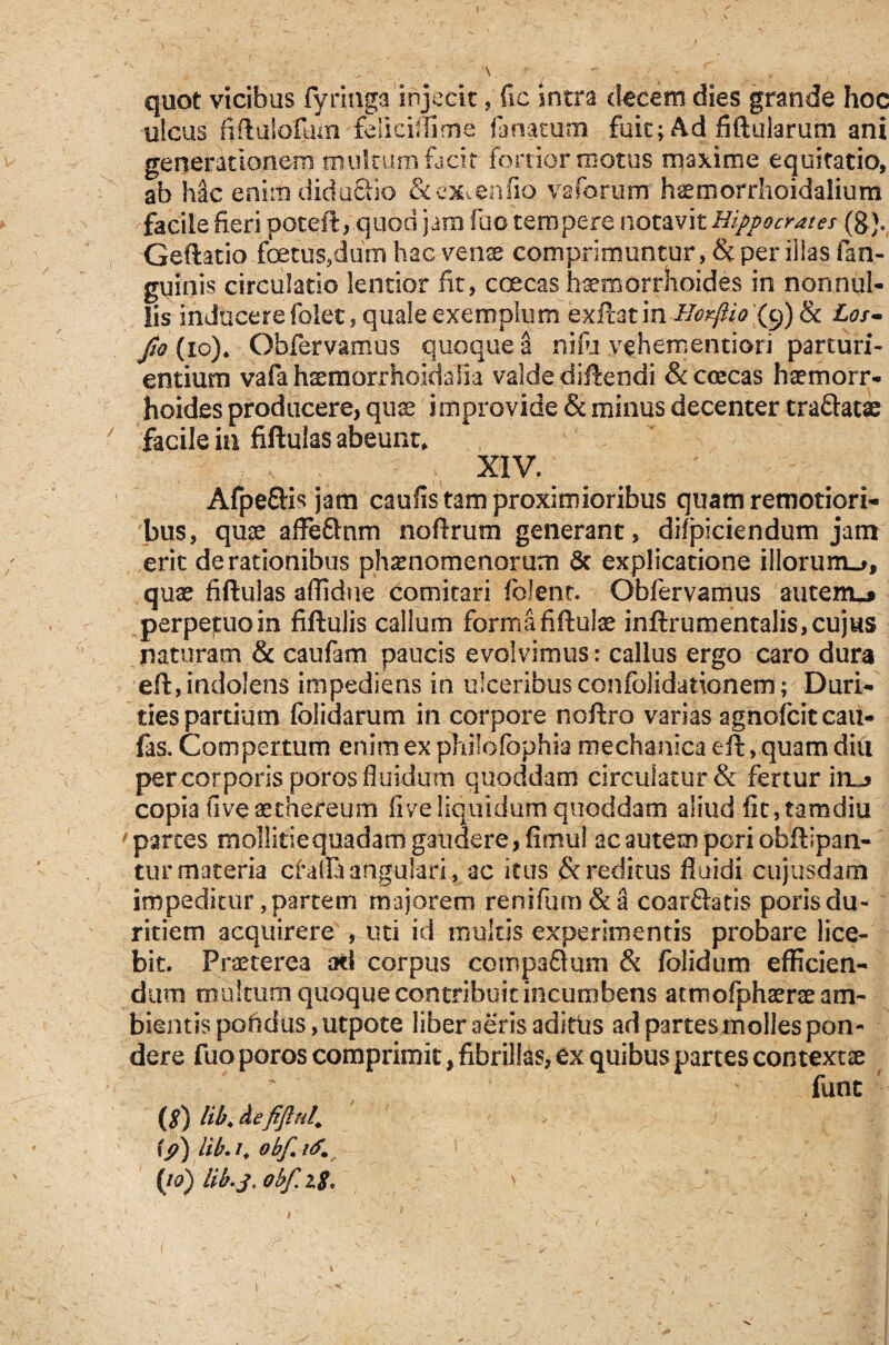 quot vicibus fyringa injecit, fic intra decem dies grande hoc ulcus fiflulofum felici* fi me (anatum fuit; Ad fiftularum ani generationem multum facit fortior motus maxime equitatio, ab hac enim diductio & ex. en fio vaforum haemorrhoidalium facile fieri poteft, quod jam fuo tempere notavit Hippocrates (g), Geftatio foetus,dum hac venae comprimuntur, & per illas fan- guinis circulatio lentior fit, coecas haemorrhoides in nonnul¬ lis inducere folet, quale exemplum exftat in Horftio (9) & Los- fio (10). Obfervamus quoque a nilu yehementiori parturi¬ entium vafahxmorrhoidalia valde diftendi & coecas haemorr¬ hoides producere, quae improvide & minus decenter traftatae y facile in fiftulas abeunt, xrv. AfpeCHs jam caulis tam proximioribus quam remotiori¬ bus, quae affefinm noftrum generant, difpiciendum jam erit de rationibus phaenomenorum & explicatione illorurro, quae fiftulas aflidne comitari (olent. Obfervamus autem.* perpetuoin fiftulis callum formafiftulae inftrumentalis,cujus naturam & caufam paucis evolvimus: callus ergo caro dura eft,indo!ens impediens in ulceribusconfolidationem; Duri¬ ties partium folidarum in corpore noftro varias agnofcit cau¬ las. Compertum enim ex philofophia mechanica eft, quam diu percorporisporos fluidum quoddam circulatur & fertur iylj copia fiveaethereum live liquidum quoddam aliud fic,tamdiu 'partes mollitie qdkdam gaudere, fimul ac autem peri obftipan- tur materia cfalla angulari,. ac itus & reditus fluidi cujusdam impeditur,partem majorem renifum&a coar&atis porisdu¬ ritiem acquirere , uti id mulas experimentis probare lice¬ bit. Praeterea ad corpus compadum & (olidum efficien¬ dum multum quoque contribuit incumbens atmofphaerae am¬ bientis pohdus,utpote liber aeris aditiis ad partes molles pon¬ dere fuo poros comprimit, fibrillas, ex quibus partes contexta  funt (8) lihjefiftul. \f) lib.i, obf.itf. (10) lib.J. obf. 18' ' . ' 1 I ' 1 ' ' '(sT; ' „ „< ■> ■ -( i ' >?-■ ■ . ■ h:;? , ' I i