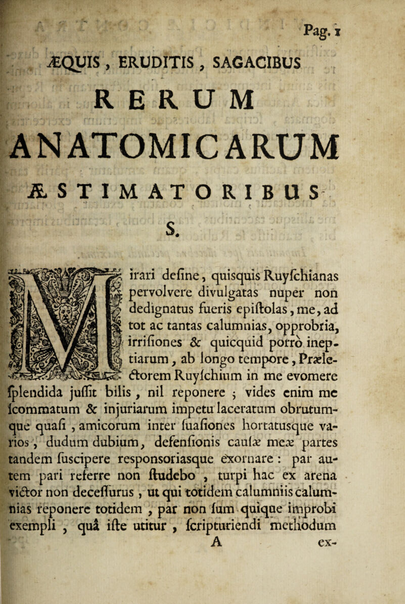 .EQUIS , ERUDITIS , SAGACIBUS RERUM ANATOMICARUM .ffi.STIMATOR.IBUS S. irari deline, quisquis Ruyfchianas pervolvere divulgatas nuper non dedignatus fueris epiftolas,me,ad tot ac tantas calumnias, opprobria, irrifiones & quicquid porro inep¬ tiarum , ab longo tempore, Praele¬ ctorem Ruyfchium in me evomere Iplendida juflit bilis, nil reponere ; vides enim me Icommatum & injuriarum impetu laceratum obrutum- que quali, amicorum inter lualiones hortatusque va¬ rios, dudum dubium, defenlionis caukv mes partes tandem fuscipere responsoriasque exornare : par au¬ tem pari referre non ftudebo , turpi hac ex arena viCtor non deceflurus, ut qui totidem calumniis calum¬ nias reponere totidem , par non fum quique improbi exempli , qu& ifte utitur , fcripturiendi methodum A ex-