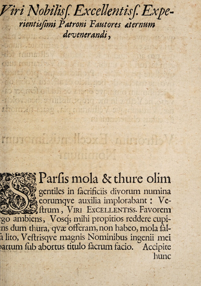 rientufimiPatroni Fautores aternum devenerandi, 'y w - '#■ , . ;■■■■ , £ . , v. i Pariis mola & thure olim gentiles in facrificiis divorum numina eorumqve auxilia implorabant: Ve- _ ftrum, Viri Excellentiss. Favorem :go ambiens, Vosq, mihi propitios reddere cupi- ns dum thura, qvae offeram, non habeo, mola fal- a lito, Veftrisqve magnis Nominibus ingenii mei >artum fub abortus titulo facrum facio. Accipite H ' V1 : ’•: • > ;■ t hunc