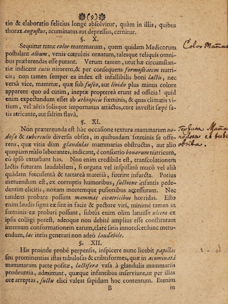 fil tlo & elaboratio felicius longe abtolvitur, quam in illis, quibus thorax anguftus, acuminatus aut cieprefliis, cernitur. §. X. Sequitur nunc color mammarum, quem quidam Medicorum poftulant album, venis coeruleis ornatum, talesque reliquis omni¬ bus praeferendas etfe putant. Verum tamen, utut hae circumftan- tix indicent cutis nitorem,& per confequens formojltatem nutri¬ cis; non tamen femper ea index eft infallibilis boni lattis, nec versa vice, mammae, quae fub fufeo, aut livido plus minus colore apparent quo ad cutim, ineptae propterea erunt ad officia! quid enim cxpedfandum eflet ab athiopicis foeminis, <Sc quas climatis vi¬ tium, vel aeris folisque importunus attadlu$,cutc invehit fispe fa¬ tis atricante, aut faltim flava. . ' •?* XL . Non praetereunda eft hac occatione textura mammarum no- Aofa & tuberculis divertis obtita, in quibusdam foeminis fe offe- nAilaicv c rens, quae vitia dum glandulas mammarias obftrudtas, aut alio % quopiam malo laborantes, indicant, e confortio bonarum nutricum, eo ipfo exturbant has. Non enim credibile eft, tranfcolationem, ladtis futuram laudabilem, fi organa vel infpiftato muco vel alia quadam fceculenta & tartarea materia, fuerint infardla. Potius metuendum eft, ex corruptis humoribus}fu£Hvne infantis pede- dentim elicitis, noxam mortemque pufionibus agtefluram. Nec tandem probare poftum mammas cicatricibus horridas. Efto enim laudis tigna eae fint in facie & pedtore viri, minime tamen in ' foeminis eae probari potiunt, fubtus enim olirn latuitle ideera ex ipfis colligi poteft, adeoque non debite amplius efle confntutam internam conformationem earum,clare fatis innotefcet:hinc metu¬ endum, lac intiis generari non adeo laudabile. $. XII, ■; His proinde probe perpenfis, intpicere nunc licebit papillas ^ . feu prominentias iftas tubulofas dccribriformes, quae in acuminata mammarum parte potitae, lattifera vafa a glandulis mammariis prodeuntia, admittunt, quaeque infantibus inferviunt,ut per illas orc arreptas, fuffu elici valeat fapidum hoc contentum. Etenim I , : v B hi