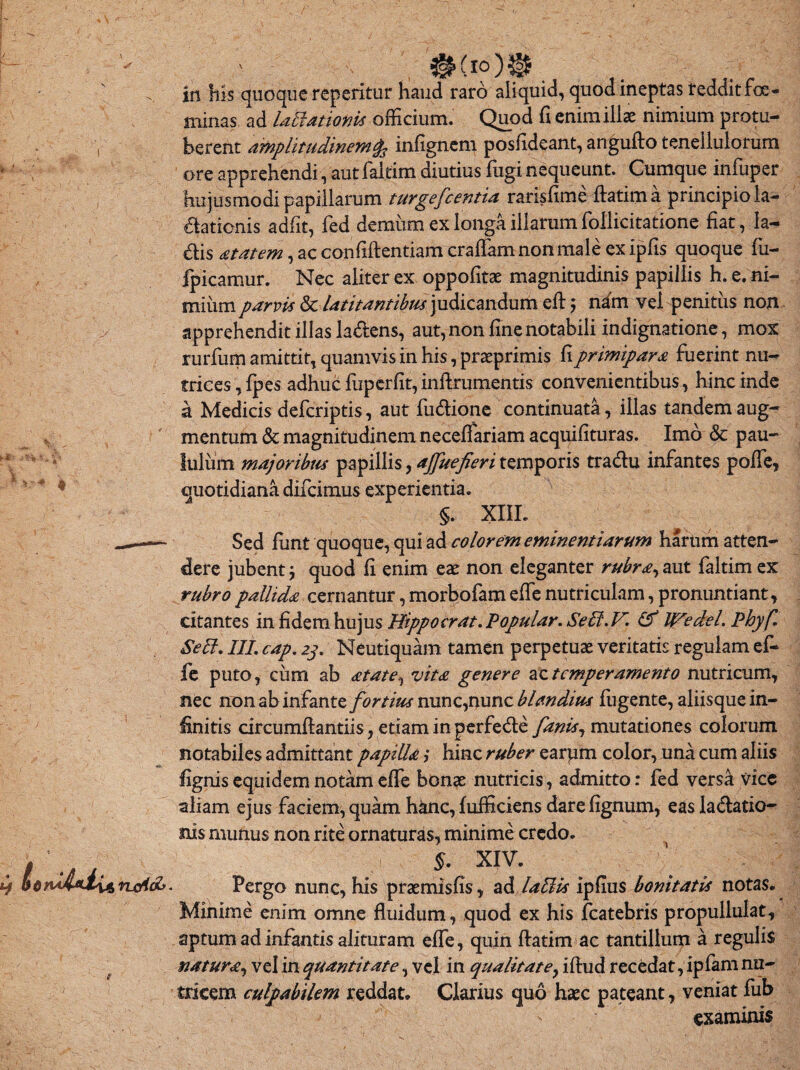 Mfc- 1 in his quoque repentur haud raro aliquid, quod ineptas reddit foe- minas ad UBationu officium. Quod fi enim illae nimium protu¬ berent amplitudineminfignem posfideant, angufto tenellulorum ore apprehendi, aut faltim diutius fugi nequeunt. Cumque infuper hujusmodi papillarum turgefcentia rarisfime ftatima principio la- dati.onis adfit, fed demum ex longa illarum Pollicitatione fiat, la- dis atatem, ac confiftentiam craffam non male ex ipfis quoque fu- Ipicamur. Nec aliter ex oppofitae magnitudinis papillis h. e. ni¬ mium parvis & latitantibus judicandum eft $ nam vel penitus non apprehendit illas ladens, aut, non fine notabili indignatione, mox rurfum amittit, quamvis in his, praeprimis fi primipara fuerint nu¬ trices , {pes adhuc fuperfit,inftrumentis convenientibus, hinc inde a Medicis deferiptis, aut ludione continuata, illas tandem aug¬ mentum & magnitudinem neceflariam acquifituras. Imo <$c pau¬ lulum majoribus papillis, ajjuefieri temporis tradu infantes poffe, quotidiana difeimus experientia. §. XIII. Sed funt quoque, qui ad color em eminentiarum harum atten¬ dere jubent; quod fi enim ex non eleganter rubra, aut faltim ex rubro pallida cernantur, morbofam effe nutriculam, pronuntiant, citantes in fidem hujus Hippo erat. Popular. SeB.V. &* Wedel Phyfl Sebi, III; cap. 23. Neutiquam tamen perpetuae veritatis regulam ef¬ fe puto, ciim ab atate, vita genere ac temperamento nutricum, nec non ab infante fortius nunc,nunc blandius fugente, aliisque in¬ finitis circumflandis, etiam in perfede fanis, mutationes colorum notabiles admittant papilla ,* hinc ruber earpm color, una cum aliis lignis equidem notam effe bonas nutricis, admitto: fed versa Vice aliam ejus faciem, quam hanc, fufficiens dare fignum, eas ladatio- nis munus non rite ornaturas, minime credo. f §. XIV. htnsJUid^njc/idy. Pergo nunc, his praemisfis, ad lallis ipfius bonitatis notas. Minime enim omne fluidum, quod ex his fcatebris propullulat, aptum ad infantis alituram effe, quin ftatim ac tantillum a regulis natura, vel in quantitate, vel in qualitate, iftud recedat, ipfam nu¬ tricem culpabilem reddat. Clarius quo haec pateant, veniat fub < examinis