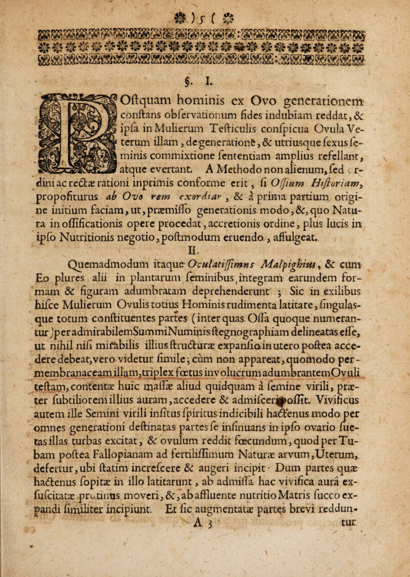 §• I. Oftquam hominis ex Ovo generationem conflans obfervationum fides indubiam reddat, & ipfa in Mulierum Tefticuiis confpicua Ovuia Ve¬ terum illam, de generatione, 6c utri usque fexus fe¬ minis commixtione fententiam amplius refellant, atque evertant. A Methodo non alienum, fed or¬ dini ac redae rarioni inpriirus conforme erit, fi Oftum Efflari am, propofiturus ab Ovo rem exordiar , &: a prima partium origi¬ ne initium faciam, ut,pnemiffo generationis modo,quo Natu¬ ra in oflificationis opere procedat,accretionis ordine, plus lucis in ipfo Nutritionis negotio, poftmodum eruendo , affulgeat. H. Quemadmodum itaque Oculattfflmns Malpighius, & cum Eo plures alii in plantarum feminibus {integram- earundem for¬ mam & figuram adumbratam deprehenderunt ; Sic in exilibus hifce Mulierum Ovulis totius Hominis rudimenta latitare, (ingulas- que totum confli tuentes partes (interquas Offa quoque numeran¬ tur jperadmirabilemSummiNumiimftegnographiam delineatas effe, ut nihil nifi mifabilis illiusftrudura expanfioinuteropoffea acce¬ dere debear,vero videtur flmile j cum non appareat, quomodo per - membranaceam illam atriplex foetus involucrum adumbrantemOvuli teflam,contenta? huic maffae aliud quidquam a femine virili, prae- ter fubtilioremillius auram,accedere & admifceqj^offit. Vivificus autem ille Semini virili infftusfpiritus in dicibili hadenusmodo per omnes generationi deflinatas partes fe infinuans in ipfo ovario fue- tasillas turbas excitat, & ovulum reddit fo2Cundtim,quodperTu- bam poflea Fallopianam ad fertiliilimum Naturae arvum,Uterum,, defertur,ubi ftatim increfcere & augeri incipit - Dum partes quae hadenus fopitae in illo latitarunt, ab admiffa hac vivifica aura ex- fufeitatae protinus moveri,&, ab affluente nutritio Matris fucco ex¬ pandi fimiliter incipiunt, Et fic augmentatae partes brevi reddun- A 3t ‘ tur