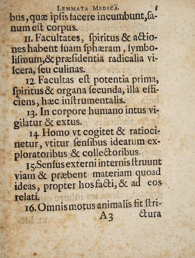 bus,quae ipfis facere ineumbunt,fa- num ett corpus. ii. Facultates, fpiritus & actio¬ nes habent luam fph&ram, lymbq* '. ' radicalia vi- 12. Facultas eft potentia prima, fpiritus & organa fecunda, illa effi¬ ciens , haec inllrumentalis._ 13. In corpore humano intus vi¬ gilatur & extus. . 14 Homo vt cogitet & ratioci- netur,vtitur fenfibus idearum ex¬ ploratoribus & collectoribus I c.Senlus externi internis ttruunt viam & praebent materiam c uoad ideas, propter hosfaCti,& ad, eos 16. Omnis motus )4 Ctura