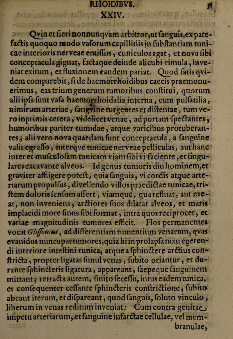 XXIV. Qvin et fieri nonminqvam arbitrar,ut faugms,ex pate¬ facis quoquo modo vaforum capillitiis in fubftantiam tuni¬ cae interioris nerveae emiffus, cuniculos agat, etnovafibi Conceptacula gignat, fadaque deinde alicubi rimula, inve¬ niat exitum , et fluxionem eandem pariat. Quod fatis qvi- dem comparcbit, fi de haemorrhoidibus caecis praemonu¬ erimus, eas trium generum tumoribus conftitui, quorum aliiipfafutitvafa haemorrhoidalia interna, cum pulfatilia, nimirum arteriae, fangvme turgentes et diftentae, tum vc- fo inprimis cetera , videlicetvenae, ad portam -fpedantes, humoribus pariter tumidae, atque varicibus protuberan¬ tes .5 alii vero nova quaedam funt conceptacula , a fanguine vafis egreffb, imerqve tunicae nerveae pelliculas, authanc inter et mufculofam tunicam viam fibi vi faciente, et Angu¬ lares excavante alveos. Id genus tumoris diu hominem,et graviter affligere pote ft, quiafanguis , vi cordis atque arte¬ riarum propulfus, divellendo villos praedidac tunicae,tri- ftem doloris fenfum affert, viamque , qua refluat, aut exe¬ at, non inveniens, ardiores fuos dilatat alveos, et maris implacidi more finus libi format, intra quos reciprocet, et variae magnitudinis tumores efficit. Hos permanentes vocat G/iffbnius, ad differentiam tumentium venarum, qvas evanidos nuncupat tumores,quia hi in prolapfa nixu egeren¬ di interiore inteftini tunica, atqueafphindere ardius con- ftrida, propter ligatas fimul venas, fubito oriantur, et du¬ rante fphinderisligatura, appareant, faepeque fanguinem mittant$ retradaautem, finito feceflfu, intus eadem tunica, et confequenter ceffante fphinderis conftridione, fubko abeant iterum, et difpareant, quod fanguis, foluto vinculo, liberum in venas reditum inveniat: Cum contra genitae^ impetu arteriarum,et fanguine infardae cellulae, vel mem¬ branulae,