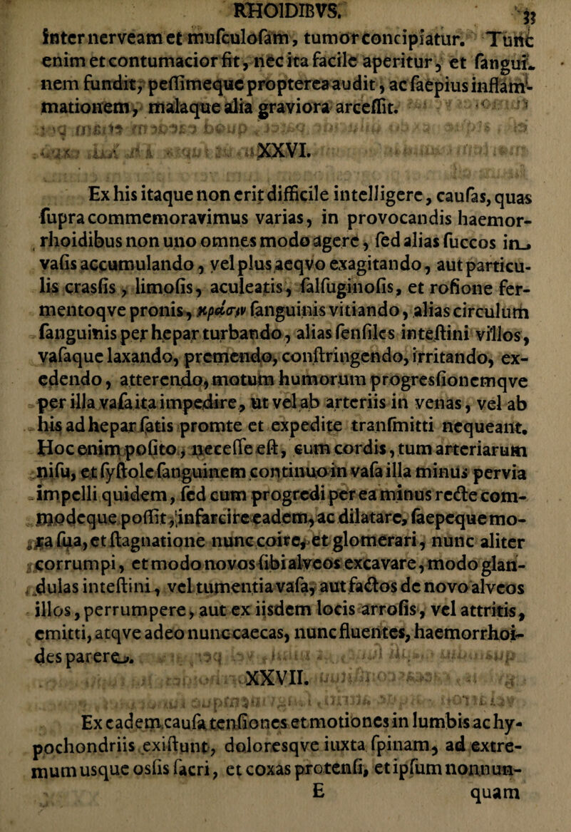 inter nerveam et mufculofam, tumor concipiatur. Tuht enim et contumacior fit, nec ita facile aperitur, et fanguL nem fundit, peffimeque propterea audit, ac faepius inflam¬ mationem, malaque alia graviora arceflit. ■ 1 .-5 ^ h&up o::•>* . & : XXVI. Ex his itaque non erit difficile intelligerc, caufas,quas fupracommemoravimus varias, in provocandis haemor- rhoidibus non uno omnes modo agere, fed alias fuccos in_* vafis accumulando, velplus aeqvo etxagitando, aut particu¬ lis crasfis , limofis, aculeatis , falfuginofis, et rofione fer- mentoqve pronis, &p4<rp fanguinis vitiando, alias circulurh fanguinis per hepar turbando, alias fenfiles inteftini villos, vafaque laxando, premendo, conftringendo, irritando, ex¬ edendo , atterendo, motum humorum progresfioncmqve per illa vafaita impedire , ut vel ab arteriis in venas, vel ab his ad hepar fatis promte et expedite tranfmitti nequeant. Hoc enim pofito, neeefle eft, cum cordis, tum arteriarum nifu, et fyftole fanguinem continuo in vafa illa minus pervia .. impelli quidem, fed cum progredi per ea minus refte com- modeque poffit,‘infarcire eadem, ac dilatare, (aepcquemo¬ ra fua,et ftagnatione nunc coire, et glomerari, nunc aliter $ corrumpi, et modo novos (ibi alveos excavare, modo glan- * dulas inteftini , vel tumentia vafa, aut fa<ftosdc novo alveos illos,perrumpere, aut ex iisdem locis arrofis, vel attritis, emitti, atqve adeo nunc caecas, nunc fluentes, haemorrhoi¬ des parero. XXVII. Ex cadem caufa tenfiones et motiones in lumbisachy- pochondriis exiftunt, doloresqve iuxta fpinam, ad extre¬ mum usque osfis facri, et coxas protenfi, et ipfum nounun- E quam