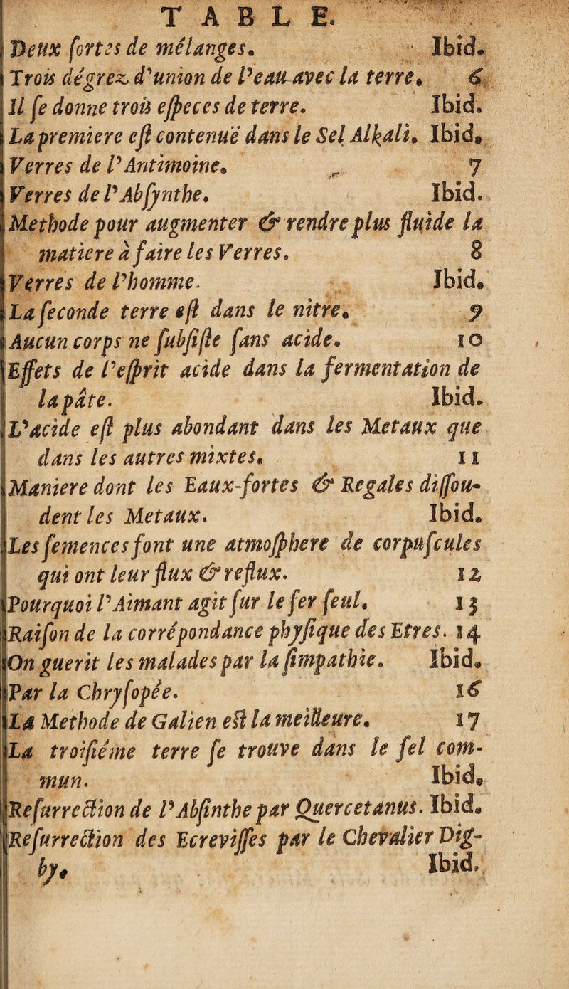 Deux (oms de mélanges* Ibid# Xrois dégrez, d'union de Peau avec la terre• C Il fe donne trois efpeces de terre, Ibid. La première ejl contenue dans le Sel Al\al\* Ibid. Verres de P Antimoine* r. 7 Verres de l'Abfjnthe. Ibid. Méthode pour augmenter & rendre plus fluide la matière à faire les Verres. 8 Verres de l'homme, Ibid. La fécondé terre eft dans le nitre* ? Aucun corps ne fubfifie fans acide* io Effets de Pe/prit acide dans la fermentation de la pâte. Ibid. L'acide efl plus abondant dans les Métaux que dans les autres mixtes* 11 Maniéré dont les Eaux-fortes & Regales diffou- dent les Métaux. Ibid. Lesfemence s font une atmofphere de corpufeules qui ont leur flux & reflux. î z Pourquoi l'Aimant agit fur le fer feul* i $ Raifon de la corrépondance phjfique des Etres. 14 On guérit les malades par la ftmpathie, Ibid. Tar la Chrjfopée. La Méthode de Galien eft la meilleure* 17 La troifiéme terre fe trouve dans le fel com¬ mun. Ibid. Refurreclion de P Abfmthe par Quer cet anus. Ibid. Refurreftion des Ecreviffes par le Chevalier Vig- fof Ibid,