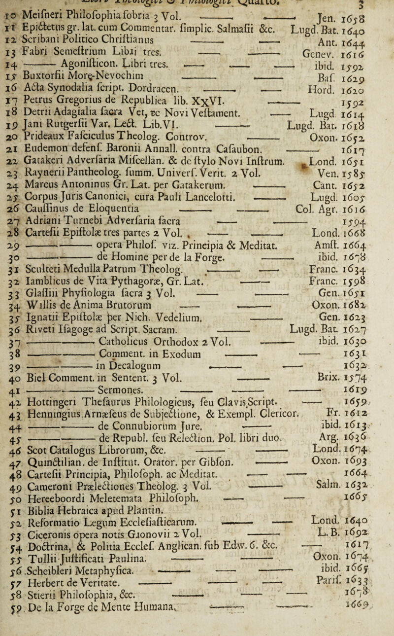 v r w ^ v^uai IU# io Meifneri Philofophia fobria 3 Vol. H Epi6letnsgr. lat.Gum Commentar. fimplic. Salmafii &c. 12 Scribani Politico Chriftianus _. _— 13 Fabn Semeftrium Libii tres. ___ 14 -Agonillicon. Libri tres. .___ 15 Buxtorfii Mor^-Nevochini 16 Acta Synodalia fcript. Dordracen. __. _ 17 Petrus Gregorius de Republiea lib. XxVI- — 18 Detrii Adagialia facra Vet, re Novi Veltament. — 19 Jam Rutgerfii Var. Le6t. Lib.VI. -— 20 Prideaux Fafciculus Theolog. Controv. _ 21 Eudemon defend Baronii Annall. contra Cafaubon. 22 Gatakeri Adverlaria Mifoellan. & de Itylo Novi Inftrum. 23 Raynerii Pantheolog. fumm. Univerf. Verit. 2 Vol. 24 Marcus Antoninus Gr. Lat. per Gatakerum. - 2s Corpus Juris Canonici, cura Pauli Lancelotti. - 26 Cauffinus de Eloquentia -- 27 Adriani Turnebi Adverlaria facra *- .— 28 Cartefii Epiftolae tres partes 2 Vol. » *-- —-- 29 --opera Philof viz. Principia & Meditat. 30 -de Homine perde la Forge. - 31 Sculteti Medulla Patrum Theolog. -- -- 32 Iamblicus de Vita Pythagorae, Gr.Lat. -— 3 3 Glaflin Phyfiologia facra 3 Vol. - - 34 Willis de Anima Brutoruni - .- 35 Ignatii Epiftolae ^>er Nich. Vedelium. - 36 Riveti Ifagoge ad Script. Sacram. —- 37 --- Catholicus Orthodox 2 Vol. - 38 —-—-Comment, in Exodum - 39 --in Decalognm - 40 Biel Comment, in Sentent. 3 Vol. -*— 4! --— Sermones. -— -- - Jen. 1658 Lugd. Bat. 1640 Ant. 1644 Genev. 1616 - ibid, 1592 Baf 1629 Hord. 1620 42 Hottingeri Thefaurus Philologicus, feu Clavisjkript. 43 Henningius Arnaefeus de Subje6tione, & Exempl. Clericor. 44 -—--de Connubiorum Jure. -- 45--de Republ. feu Reiebtion. Pol. libri duo. 46 Scot Catalogus Librorum, &c. 47 Quin6tilian. de Inflitut. Orator, per Gibfon. -- 48 Cartefii Principia, Phiiofoph. ac Meditat. --- 49 Cameroni Praele6tiones Theolog. 3 Vol. -— 50 Hereeboordi Meletemata Phiiofoph. —— 5*1 Biblia Hebraica apnd Plantin. S2 Reformatio Legum Ecclefiafticarnm. ■- — S$ Ciceronis opera notis Gaonovii 2 Vol. --- 54 Do6trina, & Politia Ecclef Anglican, fub Edw. 6. &c. 55 Tullii-Juftificati Paulina. -— --- s6 .Scheibleri Metaphyfica. ——- —- - 5'7 Herbert de Veritate. -- - -- S8 Stierii Philofophia, &c. —— —— 5P De la Forge de Mente Humana, — — JJP2 Lugd 1614 Ltigd. Bat. 1618 Oxon. 1652 -1617 ^Lond. 1651 Ven. i^Sj- Cant. 1652 Lugd. 1605- Col. Agr. 1616 - 1594 Lond. 1668 Amft. 1664 — ibid. 1678 Franc. 1634 Franc. 1598 Gen. 1651 Oxon. 1682 Gen. 1623 Lngd. Bat. 1627 — ibid. 1630 -- 1631 -—- 1632 Brix. 1574 - 1619 -— 1659, Fr. 1612 ibid. 1613/ Arg. 1636 Lond. 1674 Oxon. 1693 1664 Salm. 1632 1665- Lond. 1640 L.B. 1692- —. 1617 Oxon. 1674 ibid. 166$ Parifi 1633 1678 1669