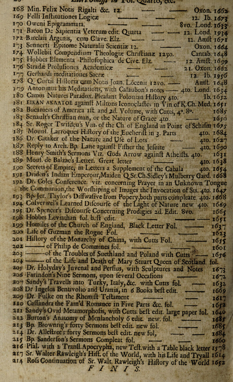 i<58 Min. Felix Nous Rigalti &c. 12. 1 <5p Fell! Inffcitiuiones Logicas 170 Oweni Epigrammata. l uit v^UrtUUj — Oxon* 1662 12. Ib. 1671 8vo*! Lond. 1633 12. Lond. 1934 U. Amlt 1671 Oxon. 1^4 Cantab. 1648 12. Amfl. 1699 21. Oxon. 1662 12. Ib. 19^6 Aroft. 1648 _WL p 4to. Lond. 1654 180 Camus Natures Paradox. Pleafant Poioman Hillorv 4to. • Ib. 16^2 18 r eikan akaatoh again! 1 Miltons Iconoclafles in Vin.ofKCh. Med; idjr 182 Bucaniers of America iff. and ^d. Volume, with Cutts, 40.8°. i68y 183 Senault’sChrtfftan man, or the Nature of Grace 4U). _- i&fd 184 Sr. Roger T written s Vin. of the Ch. of England in Point ofSchifiu 167$ 184 Mouni: Larroques Hiftoryof the Euchenfl in 3. Parts 4to. 1684 •i 86 Dr. Cataker of the Nature and Ufe of Lots — 410 187 Reply to Arch. Bp. Lane againff Fifherthe ]eflute -- 410 171 Bacon De Sapientia Veter uni edit. Quarta -- — 172 B trclaii Argenis, cum Clave. Elz.--- 173 Sennerti Epitome Natu'ralii Scientist 12. - 174 Wollebii Compendium Theologize Chrifiianae i2yo. l:~S Hobbes Elements Philofophica de Cive. Elz. - 17^ Stradze Prolufiones Academic# —- ~ _ 177 Gerhardi meditationes Sacr# ;*_ ___ 178 Q^Curtii Hifloria aunNotis Joan. Locenii i2vo. — 179 Antoninus liis Meditations, with Cafaubon’s notes 188 Henry Smiths Sermons Viz, Gods Arrow againft Atheills. 4to. 189 Moul. de Balzac’s Letter. Great letter ._ 4to. 190 Secrets of Empire, in Letters a Supplement of the Cabala 4to. Tnr nrin^-ivc Tnrli-irt 1-Tr\ /'■L c*:Jl_» am 11 I62.7 I69O 1631 1638 i*f 4 J • v y' .* / w ^ r f v * v/* vuv vMuaia • * v3 ^ 191 Dndens Indian Eroperour,Maiden QJSr.Ch.Sidley’s Mulberry Gard. 1668 192 Dr. Coles Conference, viz. concerning Prayer in an Unknown Tongue the Communion,the Worfhiping oflmages the Invocation of Sts. 4m. 1647 191 Bp.jer. Taylors DifPvvafive from Popery,both partscompleate 4to. 1668 194 Culverwel’s Learned Difcourfe of the Light of Nature new 4C0. 1669 •tor Hr. Sinpnrv-'r-’c TV/r*rvm-G» _ j t?j:_ o..w T66c i6f 1 ' ~r - -—vh...v>. ‘.wuiiv uiv. ui iitw 19f Dr. Spencer’s Difcourfe Concerning Prodigies ad. Relit. 8vt> 198 Hobbes Leviathan lot. b.ft edit. *99 Homiles of the Church of England, Black Letter Fol. 200 Life of Guzman the Rogue Fol. __ i *6yi 1623 16-tf l60l 16f 6 201 Hiflory of the Monarchy of China, with Cutts Fol. 2.02-of Philip de Commines fol. - —, *°l-of the Troubles of Suethland and Poland with Cu_ 2,04 — of the Life and Death of Mary Stuart Queen of Scotland fol. 2oy Dr. Holyday’s Juvenal and Perfius, with Sculptures and Notes 1673 2q6 Farindon’s Nine Sermons, upon feveral Occafions —_ 207 Sandy’s Traveils into Turky, Italy, &c. with Cutts fol. —-- 208 Dr Ingelos Bentivolio and Urania, in 6 Books belt edit. .__ 209 Dr. Fuike on the Rhemift Teflament - - no Caflandra the Pain’d Romance in Five Parts &c. fol. -— 211 Sandy s Ovid Metamorphofis, with Cutts. bell edit, large paper fol. 1640 212 Burton’s Anatomy of Menlancholy 6 edit. new. fol. ~ ._ . itfSr 213 Bp. Brownng’s forty Sermons bell edit, new fol. i68j 214 Dr. Alleflree’c forty Sermons belt edit, new fol, *—- _- 1684 21 y Bp. Sanderfbn’s Sermons Compleat fol. - ,- 1660 2\6 Pfal. with 2 Tranli.Apocrypha, new Teft.with a Table black letter isi$ 217 Sr. Walter Rawleigh’s Hift. of the World, with his Life and Tryall 1614 214 Rofs Continuation of Sr. Walt. Rawleigh’s Hiftory of the World 16*2 F I N I S.