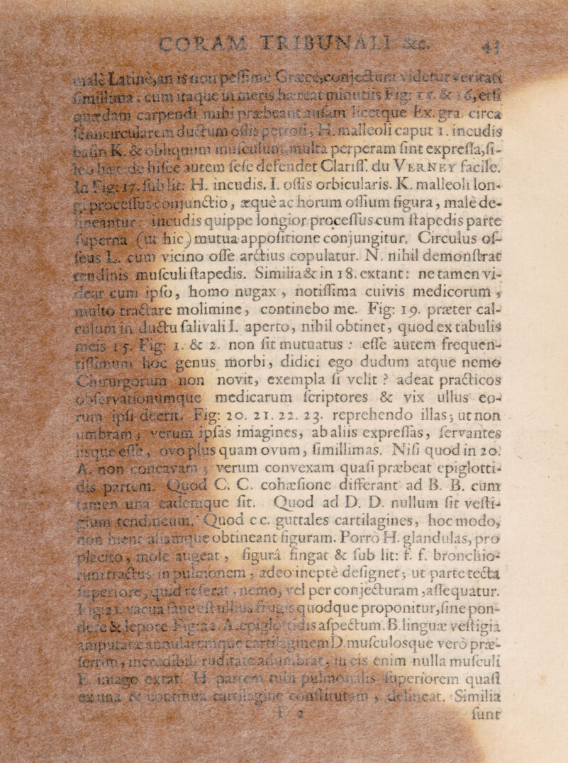 f n r\ P A T W ’* X C « i* -'•> ■*• %*. rrvT. te i. S ^ fle . ; . ■ , . ' ■ f ' • - ■; cum s c jr & ? emetit 4t ;ii'i:ou;mnu:;HUm 'U^qiic r ra circa ffiefumofepmoficK,-ma!Ieoiicaput i.incudis urmikduD • vrpcram fint exprdla,fi- h; fer :Je fece autem iefe defendet Cianffi du Verney facile, u! m: i/ Juc lix: H. incudis. L offis orbicularis. K. malleoli lon- pcocdlu: inunftio, atque ac horum oiliuni figura, male de- -cantu • incudis quippe longior proceffuscum itapedis parte Xrema ra; hic) mutua appofirioneconjungitur. Circulus of- feus L. cimi vicino offe ardius copulatur. N, nihil demonftrat tendinis mulculiftapedis. Similia& in 18'. extant: ne tamen vi- fear curo ipfo, homo nugax , notiffima cuivis medicorum * v oho trad :are molimine? continebo me. Fig: 19. praeter cal- culum in du&u falivali I. aperto, nihil obtinet, quod ex tabulis n i p Fig: i. &c 2. non fit mutuatus : efle autem frequen- efefe* [loc genus morbi, didici ego dudum atque nemo CbrmrgdF-Un non novit, exempla (i velit ? adeat praciicos c• >f£rvat(6hiiMque medicarum Icriptores & vix ullus eo- run ipfi- deerit* Fig: 20. 21. 22. 23. reprehendo illas* ut non .. .mbradl i erum ipfas imagines, ab aliis expreflas, fervantes • ©rc , i o pks quam ovum, fimillimas. Nifi quod in 20 /T non;raiicavarr | verum convexam quafiprarbeat epiglotti- fe pariem.. Ouod.C. C. cohaffione differant ad 11 B. cum : en-i en. ui $a rac - irque fit. Quod ad IX D. nullum fit veftk ruia tenerrcuur' Quod cc. gut tales cartilagines, hoc modo, r : c hi*%i obtineant figuram. Porro H. glandulas, pro ferro, nioi-e au. reat, figura fingat & fub lit: f. f. broncliio ,-Hrj tractes n puknbnern.5 adeo inepte defignet> ut parte tecta dr|^riar^qujdXc{ri-a^ * nemo, el perconjeduram ,aflequatur. X e squodquepropomturffinepon- dc k*:K>:e !rr:a 2. A .en r - afpeftum.B.lingux veftigia amtffi^rcai;^uiatd2iinu^er.r^agniemL)-mu;cu)osque vero prx- ferfe, ircrodibfi:: . ?u ojs enim nulla mufculi 1 !, ?; e-e e :ot, ii par o'r:o*ey* u; J feui periorem quali feefehuo-cn. g mutou eat. Similia ' ■ pr: 2 : ; . ilint