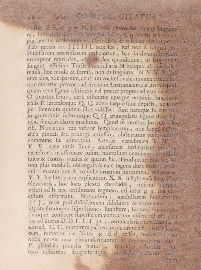 iicwps® veram ftiSle miiiorcs. I) HS a: tcltiliiis dii Tab: meam io. lilii L non fex j fed hoc onmijo. abfciflarum arteriolarum ftdficiorum, hac in deraoafe-fbsra erumpunt myriades, adia;. «xiles quandoque j ut fingant effufum, Trad®'liedullaris M. reliqua ab mada,hoc modo & forma, non diftinguitur. N N N cum aliis, hoc fpatium, centrum vocitet ovale, nomen f-neifK •; non meretur: provoco ad circinum Anatomicum, i,e. an vel * J ■ quam ejus figura: obtineat, vel praeter propter ad eam adecF».? v i O. quartus finus, ccri diftentus ejusque nominis lonetncffi palis P. lateralesque Q^_ Q. adeo inepte funt depifti, ac ii ijtffPffilll per fbmnium quidem illos vidiffet: funt namque hi enornfis magnitudinis referuntque triangularis figura: dvm% neas femicirculares machinas. Quod in cerebro bovino' fllfS- rifi, Nuckius vas viderit lymphaticum, non lon-fo i v;:o dula pineali &c. prodigii adindar, obfcrvatum vult. •• tl §3 commune fit admodum. .Arteriis vertebrales T T ■- — V.' V. ejus tituli finus , menfuram ordinariam excedunt} ut affirmare aufim, mortalium neminem tales & tantos? quales & quanti hic oftenduntur, b-Jt ' i -*— c- . «_J non plus medulla oblongata & eam tegens dura raater:rifo . cultri manubrium & volvulis ornatum linteamen, Idetisicarar. Y. Y. hx li teratnon explicantur. X, X; fi ftylo vala iang-nfi :-:■ elevaveris , hoc loco plexus choroidei, ' unicum corpi:.;. •. veluti ad h. nec rectilineum tegmen, uti inter g. g. reo rati- fi culum efformant. _ Notandum ; medullarem fiffiltanH m: i;: fff 3 mox poft difTedionem fubfidere & corticale •» •• • utpote firmiorem difpolitione, fubfiftere} hic vero demque conficere fuperficiem.-contrarium videre eri f.-ffi .j i io, ad iiteras D D, F. F. F: 31. a.vermicularisprom ..em t ] noneft. C. C. nervorum patheticorum origo eft, aBfiifcJlSt cerri 3 remotior, c c. Nates & d* cL te fles - ~ t * r* ■ . ., *' \ : ■■■..*■ v-m--,. f. hifce nervis non circumfcribunru 1 &. mmiroidor j\ glandula pinealis major , teouiare vJafoS; toto cohcerens ianguiferifquc intcrglm.