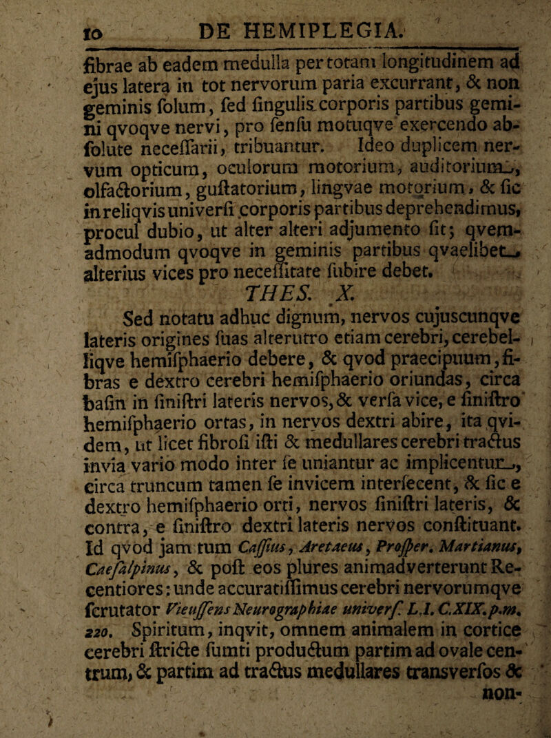 fibrae ab eadem meduiia per totam longitudinem ad ejus latera in tot nervorum paria excurrant, & non geminis folum, fed lingulis.corporis partibus gemi¬ ni qvoqve nervi, pro fenfu motuqve exercendo ab- folute neceffarii, tribuantur. Ideo duplicem ner¬ vum opticum, oculorum motorium, auditorium.,, olfactorium, guftatorium, lingvae ntotqriuin, 5c lio inreliqvisuniverli corporis partibus deprehendimus, procul dubio, ut alter alteri adjumento fit; qvem- admodum qvoqve in geminis partibus qvaelibeLj alterius vices pro neceffitate fubire debet. THES: X Sed notatu adhuc dignum, nervos cujuscunqve lateris origines fuas alterutro etiam cerebri, cerebel- liqve hemifphaerio debere, & qvod praecipuum, fi¬ bras e dextro cerebri hemifphaerio oriundas, circa bafin in finiftri lateris nervos, & verfa vice, e finiftro hemifphaerio ortas, in nervos dextri abire, ita qvi- dem, ut licet fibrofi illi & medullares cerebri tradus invia vario modo inter fe uniantur ac implicentum,, circa truncum tamen fe invicem interlecent, & fic e dextro hemifphaerio orti, nervos finiftri lateris, & contra, e finiftro dextri lateris nerVos conftituant. Id qvod jam tum Caffius, Aretaeut, Projper. Martianus, Caefaipmus, & poft eos plures animadverterunt Re- centiores: unde accuratimmus cerebri nervorumqve fcrutator Vieujfens Neurographiae univtrf. LA.C.XIX.p.m, 220. Spiritum, inqvit, omnem animalem in cortice cerebri ftri&e furati produ&um partim ad ovale cen¬ trum, & partim ad tra&us medullares transverfos 6c non*