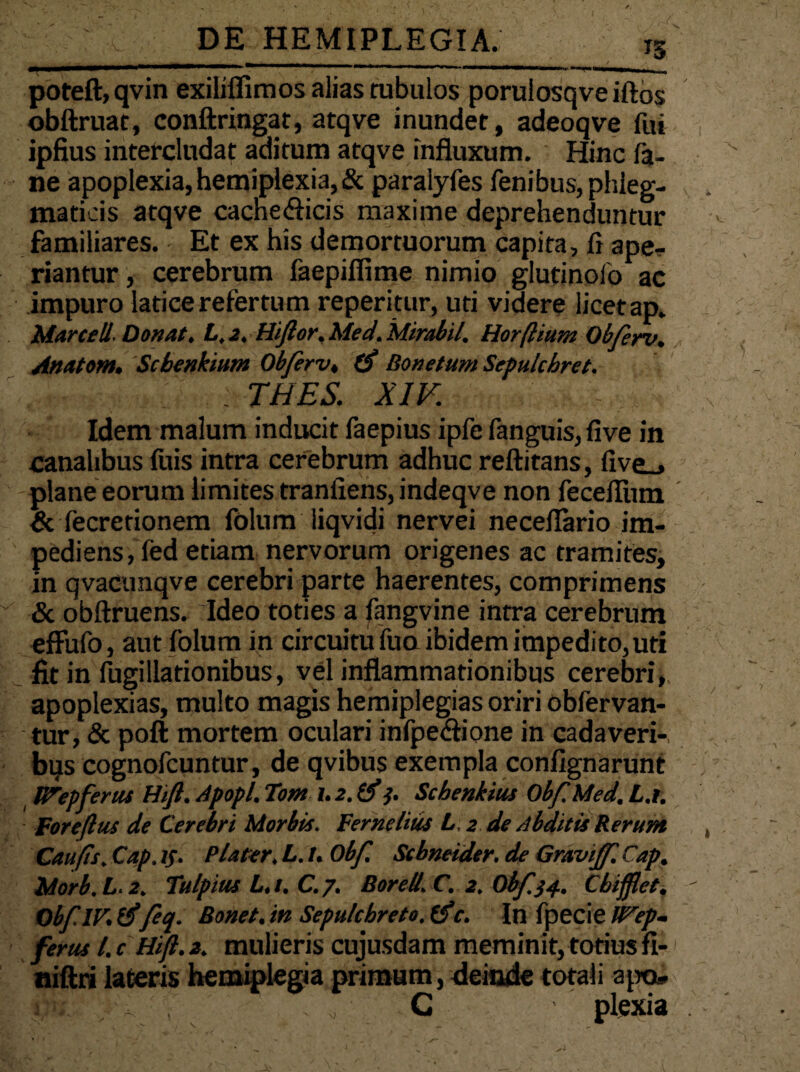 I DE HEMIPLEGIA. t5 poteft, qvin exiliflimos alias rubulos porulosqve iftos obftruat, conftringat, atqve inundet, adeoqve fui ipfius intercludat aditum atqve influxum. Hinc fa- ne apoplexia, hemiplexia, &. paralyfes fenibus, phleg¬ maticis atqve cache&icis maxime deprehenduntur familiares. Et ex his demortuorum capita, fl ape¬ riantur , cerebrum faepiflime nimio glutinofo ac impuro latice refertum reperitur, uti videre licet ap. Marce U. Donat, C,2. Uiftor.Med.Mirabil. Horftiunt Obferv. Anatom, Scbenkium Obferv, Bonetum Sepulchret. . THES. XIV. V Idem malum inducit faepius ipfe fanguis, five in canalibus filis intra cerebrum adhuc reftitans, five_» plane eorum limites tranfiens, indeqve non fecefliim & fecretionem folum liqvidi nervei neceflario im¬ pediens, fed etiam nervorum origenes ac tramites, in qvacunqve cerebri parte haerentes, comprimens & obftruens. Ideo toties a fangvine intra cerebrum effufo, aut folum in circuitu fua ibidem impedito, uti fit in fugillationibus, vel inflammationibus cerebri,, apoplexias, multo magis hemiplegias oriri obfervan- tur, & poft mortem oculari infpe&ione in cadaveri-, bqs cognofcuntur, de qvibus exempla confignarunt B^epferus Hift. Apopl. Tom 1.2. (f i- Scbenkius Obf.Mcd. L.t. Foreftus de Cerebri Morbis. Fernelius L 2 de Abditis Rerum Cau(is.Cap.i$. Placer,L.l.Obf. Scbneider.de Gravtff.Cap. Morb.L.2. Tulpius L.t.C.p. Borcll. C. 2. Obf.34, Cbijflet. ObflV.tffeq. Bonet.in Sepulcbreto.tfc. In fpccie Ii'ep- ferus l. c Hift. 2. mulieris cujusdam meminit, totius fl- niftri lateris hemiplegia primum, deinde totali apo» ■ C - ’ plexia
