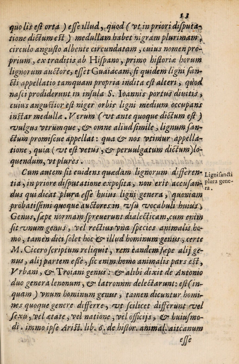 tione dtSium e fi ) medullam habet nigram plurimam \ circulo angufio albente circundatam, cuius nomen pro¬ prium , ex traditis ab Wifpano, primo biforis horum lignorum aufiore, effiet Guaiacam,fi quidem ligni fan- fti appellatio tamquam propria indita efi alteri» quod nafti prodiderunt m infula S. \oannis portus cliuitis, cuius angustior efi niger orbis ligni medium occupans infiar medulla. Verum (nvt ante quoque dictum eflJ nsulgus ytrumque, c>* omne aliudfimile > lignum fan- ftum prormfcue appellat: qua &amp; nos vtimur appella¬ tione , quia (<-ut efi yetus j operuulgatum dtfiumfio- quendum, ytplures. Cum autem fit euidens quadam lignorum differ en- Ligoifanai tia} in priore difputatione expofita, non erit accufan- P'lira §ene* dus qui dicat plura ejfe huius ligni genera, quoniam probatiffimi quoque aucloresin uju njocabuli hmus\ Genus,fispe normam fpreuerunt dialecljcamicum enim fit unum genus, yel reflius*yna fpeci.es animalis ho¬ mo , tamen dici filet hoc illud hominum genus , certe M .Cicerofiriptum reliquit, rsm eandemfiepe alij ge¬ nus j ali/partem efie, fic enim homo animalis pars.e fi, Vrbani, <Zsr Troiani genus: alibi dixit de Antonio duo genera lenonum, es* latronnm dele flarunt'. efi(in¬ quam ) ynum hominum genus, tamen dicuntur bomir- nes quoque genere differre 5 ns.t fiihcet differunt <~vel fixu yViil state, yel natione, yel officijs, &amp; huiufmo- di. immo ipfie An fi. hb. 6. de hiflor. animal, aitcanum