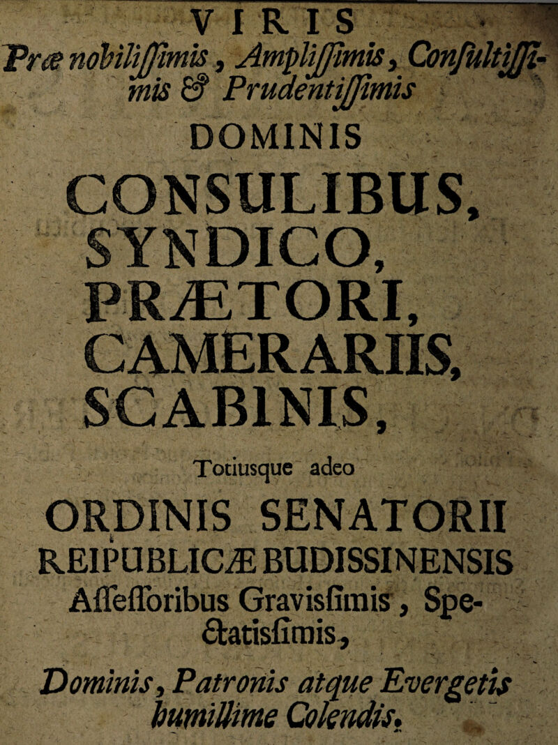 V IRIS nobili [fimis, Ampliffimis ■, mis & Prudentifimis DOMINIS CONSULIBUS, YNDICO, Totiusque adeo ORDINIS SENATORII REIPUBLICiE BUDISSINENSIS Aflefloribus Gravisfimis, Spe- flatisfirais, * . . ---i  >■ >' ‘ - Dominis, Patronis atque Evergetis humillime Colendis. ■m.