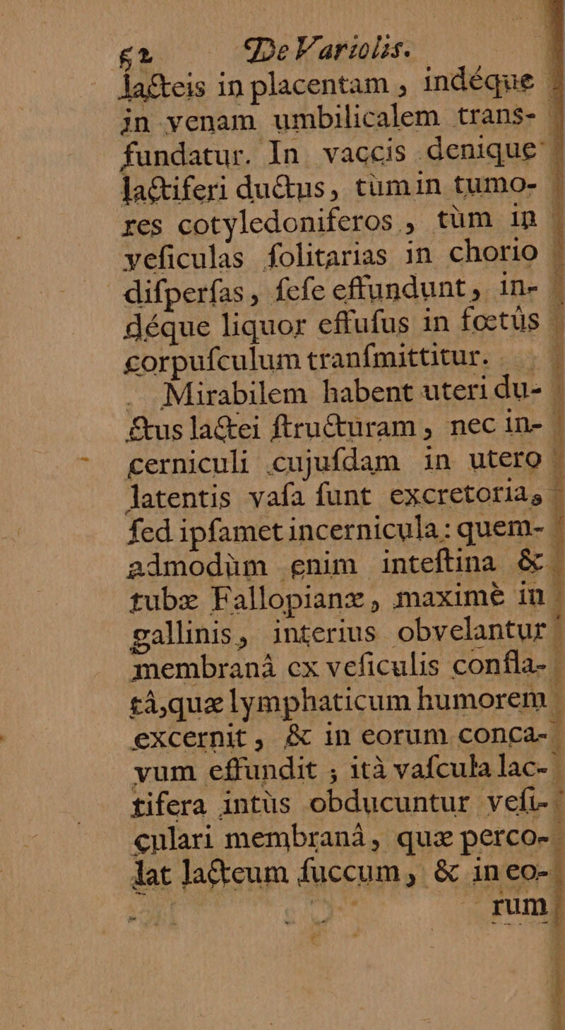 lafteis in placentam , indéque | jn venam umbilicalem trans- | fundatur. In. vaccis denique la&amp;iferi ductus, tum in tumo- - res cotyledoniferos , tüm in | yeficulas folitarias in chorio . difperfas, fefe effündunt, in- déque liquor effufus in foctüs corpufculumtranfmittitur. — | . Mirabilem habent uteri du- . £usla&amp;ei ftru&amp;uram , nec in- cerniculi cujufdam in utero | latentis vafa funt excretorias E fed ipfamet incernicula: quem- í admodüm gnim inteftina &amp; | tubz Fallopianz, maxime in. gallünis, interius obvelantur | membraná cx veficulis confla- | tà,quz lymphaticum humorem | excernit, &amp; in eorum conca- | yum effundit ; ità vafcula lac- 1 tifera intus obducuntur veft-: culari membraná, quz perco-. » lat la&amp;teum fuccum, &amp; ineo-| ih val ^ im| i