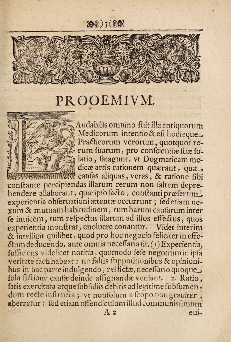 PROOEMIVM. * ||§g^Auda bilis omnino fuit illa antiquorum 1 Medicorum intentio&eft hodieque_» ' Prafficorum verorum, quotquot re¬ rum fuarum, pro confcienti® fu® fo- latio, fatagnnt, vt Dogmaticam me¬ die® artis rationem qu®rant, qua_» caufas aliquas, veras, & ratione fibi i «11 rt, * . SXNV-W-. N >' -- -; -2 AMUVUV conflante percipiendas illarum rerum non faltem depre¬ hendere allaborant, qu® ipfofafto, conflantipr®fertim_. experientia obferuationiattent® occurrunt; fedetiam ne¬ xum & mutuam habitudinem, tum harum caularum inter fe inuicem, tum refpecflus illarum ad illos effeffus, quos experientia monftrat, euoluere conantur. Videt interim & intelligit quilibet, quod pro hoc negocio feliciterin effe¬ rum deducendo, ante omnia neceflaria fit. (i)Experientia, fufficiens videlicet notitia, quomodo fefe negotium in ipfa veritate fafti habe3t: ne fallis fuppofitionibus & opinioni¬ bus in hac parte indulgendo, rei fiff®, neceflario quoque_> fola fiffione cauf® deinde aflignand® veniant. 2. Ratio, fatis exercitata atque fubfidiis debitis ad legitime fubfumen- dum reffe inftrufta ; vt nonfolum a fcopo non grauiterv, aberretur: fed etiam offendiculum illudcommunislimum A 2 eui-