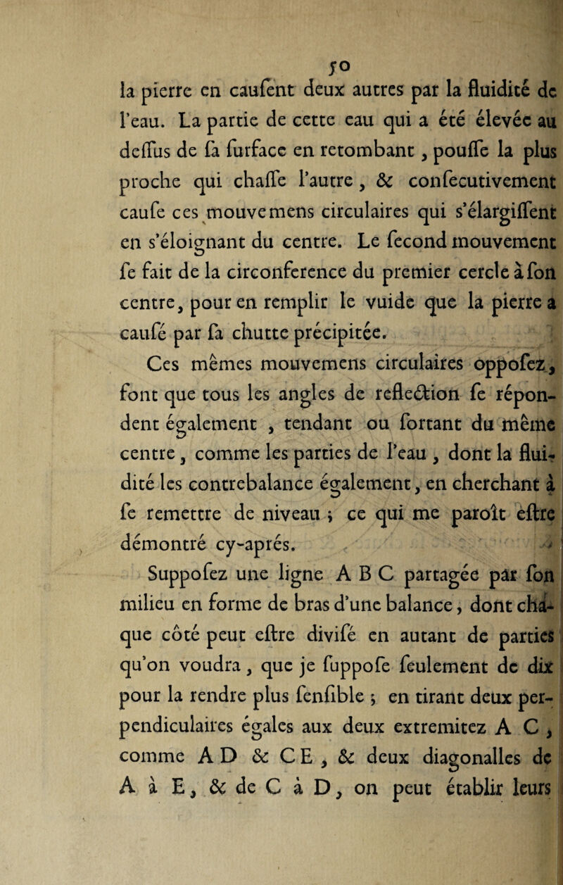 ;° la pierre en caufent deux autres par la fluidité de l’eau. La partie de cette eau qui a été élevée au deffus de fa furface en retombant, pouffe la plus proche qui chaffe l’autre, & confecutivement caufe ces mouvemens circulaires qui s’élargiffent en s’éloignant du centre. Le fécond mouvement O fe fait de la circonférence du premier cercle à fon centre, pour en remplir le vuide que la pierre a caufé par fa chutte précipitée. } Ces mêmes mouvemens circulaires oppofez, font que tous les angles de refleétion fe répon¬ dent également , tendant ou fortant du même centre, comme les parties de l’eau , dont la flui¬ dité les contrebalance également, en cherchant à fe remettre de niveau ; ce qui me paroît eftre démontré cy-aprés. 14 1 Suppofez une ligne ABC partagée par fon milieu en forme de bras d’une balance, dont cha¬ que côté peut eftre divifé en autant de parties qu’on voudra, que je fuppofe feulement de dix pour la rendre plus fenfible ; en tirant deux per¬ pendiculaires égales aux deux extremitez AC, comme AD & CE , & deux diagonalles de A i E, & de C à D, on peut établir leurs