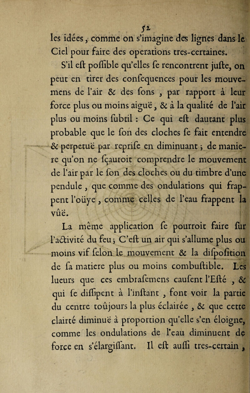 les idées, comme on s’imagine des lignes dans le Ciel pour faire des operations tres-certaines. S’il eft poffible qu’elles fe rencontrent jufte, on peut en tirer des confequences pour les mouve- mens de l’air & des fons , par rapport à leur force plus ou moins aiguë, & à la qualité de l’air plus ou moins fubtil : Ce qui eft dautant plus probable que le fon des cloches fe fait entendre & perpetuë par reprife en diminuant -, de manié¬ ré qu’on ne fçauroit comprendre le mouvement de l’air par le fon des cloches ou du timbre d’une pendule , que comme des ondulations qui frap¬ pent l’oüye, comme celles de l’eau frappent la a .. vue. La même application fe pourroit faire fur l’aétivité du feu -, C’eft un air qui s’allume plus ou moins vif félon le mouvement & la dilpofition de fa matière plus ou moins combuftible. Les lueurs que ces embrafemens caufent l’Efté , & qui fe diffipent à l’inftant , font voir la partie du centre toujours la plus éclairée , & que cette clairté diminue à proportion quelle s’en éloigne, comme les ondulations de l’eau diminuent de force en s’élargiflant. Il eft aufti tres-çertain ,