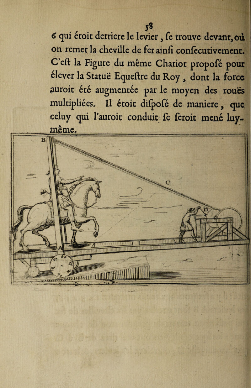 j8 € qui étoit derrière le levier, fe trouve devant, ou on remet la cheville de fer ainfi conlêcutivcment. C’eft la Figure du même Chariot propofé pour elever la Statue Equeftre du Roy, dont la force auroit été augmentée par le moyen des roues multipliées. Il étoit dilpofé de maniéré, que celuy qui l’auroit conduit; fe feroit mené luy-