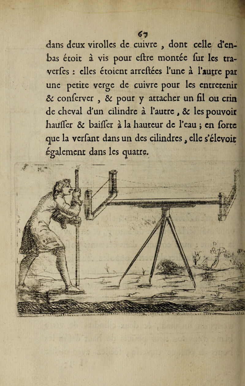 <Î7 dans deux virolles de cuivre , dont celle d’en- bas étoit à vis pour eftre montée lur les tra- verfes : elles étoient arreftées Tune à l’autre par une petite verge de cuivre pour les entretenir & conferver , & pour y attacher un fil ou crin de cheval d’un cilindre à l’autre , & les pouvoir haufler & baiffcr à la hauteur de l’eau ; en forte que la verfant dans un des cilindrcs 4 elle s’élcvoic également dans les quatre.