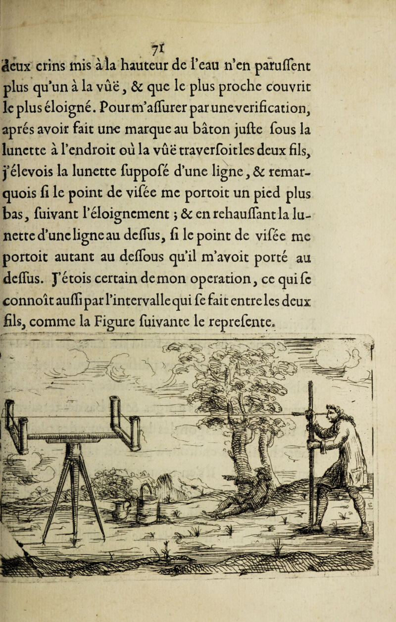 deux crins mis à la hauteur de i’eau n’en panifient plus qu’un à la vûë, & que le plus proche couvrit le plus éloigné. Pour m’aflùrer par une vérification, après avoir fait une marque au bâton jufte fous la lunette à l’endroit où la vûë traverfoitles deux fils, j’élevois la lunette fuppofé d’une ligne, 6c remar- quois li le point de vifée me portoit un pied plus bas, fuivant l’éloignement ; 6c en rehauflant la lu¬ nette d’une ligne au deflus, fi le point de vifée me portoit autant au deflous qu’il m’avoit porté au defiiis. J’étois certain démon operation, ce qui le connoît auffi par l’intervalle qui fe fait entre les deux fils, comme la Figure fuivante le reprefente.