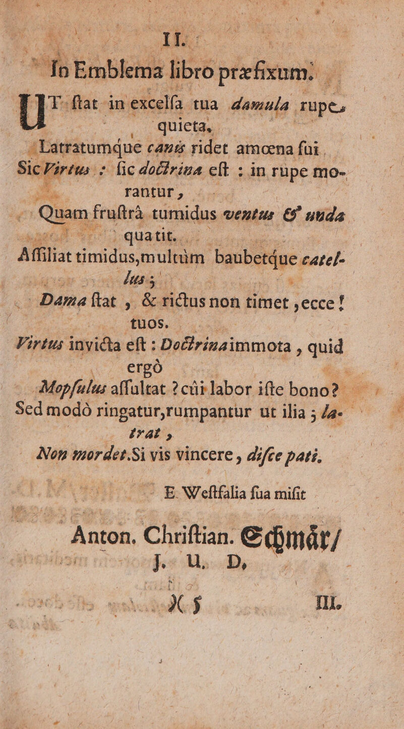 e ^ Emblema li ie ipli A u* ftat. án 'excelfa. tua damula Tüpe, quieta, a Diidrimioe cants ridet amoena fui. Sorte; ác dodrina eft : in rupe mo- B. rantur, uam fruftrà tumidus ventus & ntida | sac | quatit. . | | Affilia nidi multüm. baubetdue care ars qe iu : | - Dana flat ; & rictus non timet ecce ! ; 4405... Virtus invicta eft : Dodirinaimmota ; quid ergó 4 AMopfuluas affultat ? cti labor ifte bond? i^ Sed modó ringatur,rumpantür ut ilia ; de | frat, Non mor det.Si vis vincere difce pati, - E Weltfalia fua mifi t: Anton, Chriftian. enit; ; J. D, M. vs |