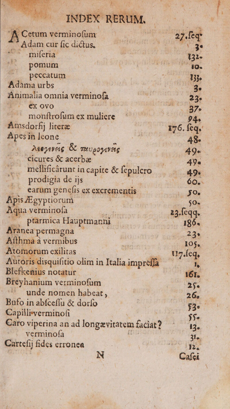 jc T E NC UNE   1 1 1 j A m & . INDEX A Cetum verminofum - Adam cur fic dictus, ' .miferia pomum peccatum Adàma urbs | Animalia omnia verminofa €x ovo : monftrofum ex muliere AAmsdorfij litere Apesi in leone | Aetyereig & TWUpOSAVSIQ Cicures & acerba mellificárunt ia capite & dk prodigia de ijs earum gencfíis ex excrementis js JEgyptiorum Aq Ja verminoía |. ptarmica Hauptmanni. Aranea peumagna | Afthma a à vermibus Bicis notatur Breyhanium verminofüm  unde nomen habeat, Bufo in abfceffu & dorío Capilliverminofi verminofa Cartefij fides erronea | N