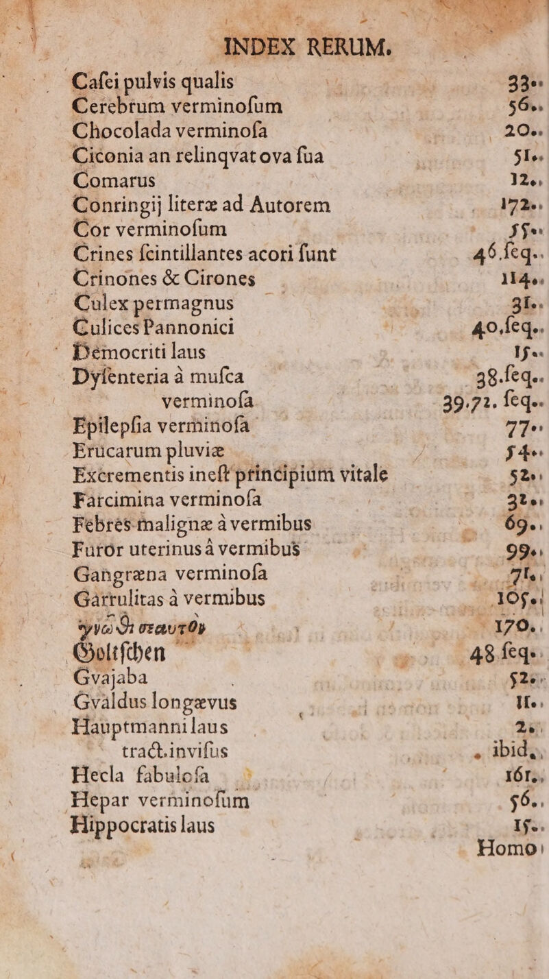 de | - Cerebrum verminofum Chocolada verminofa Comarus Conringij literz ad Autorem Cor verminofum Crines fcintillantes acori funt Crinones & Cirones Culexpermagnus — Culices Pannonici Dylenteria à mufca : verminofa. Epilepfia verminofa Erucarum pluviz Farcimina verminofa Febrés-maligne à vermibus Furor uterinusáà vermibus. Gangrena verminofa Garrulitas à vermibus yo 9i srau10) Gvajaba | Gvaldus longzvus Hauptmanni laus tract.invifus Hecla fabulcía Hippocratis laus 33^ 56. Ads SI» 12, 172. SR. 46 feq.. 114. 3l. 40.Íeq.. 00 0pNe 38.leq.. 39.71. Ícq.. UA dh J4- $2» 2t 69. 99« NNI $e