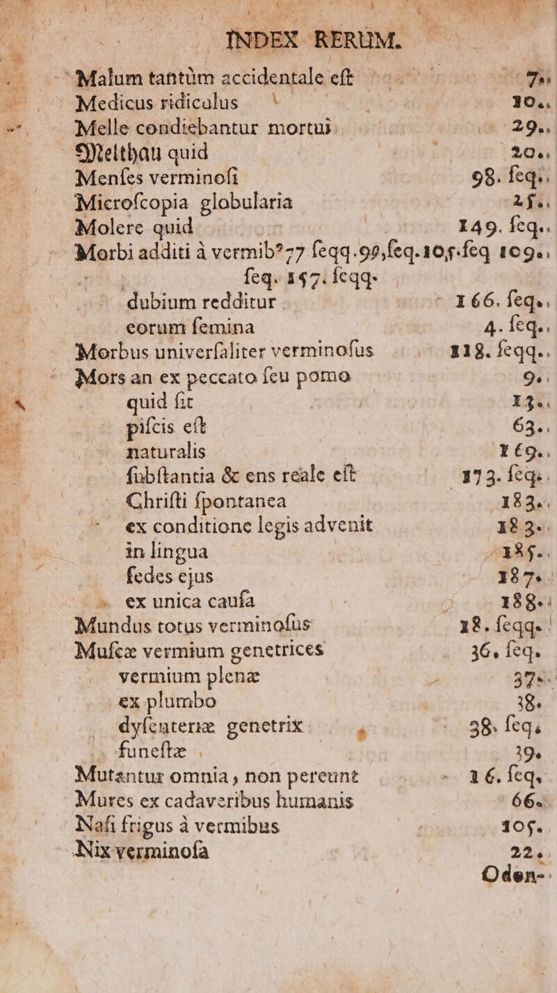 aecstr en » 7045 y Ft) EN Melle condiebantur mortui. SGtettbau quid Menífses verminofi Microfcopia globularia 6:Molere quid feq. 147.Íeqq. dubium redditur eorum femina Morbus univerfaliter verminofus quid fit picis eft naturalis fubftantia & ens reale eit Chrifti fpontanca ex conditione legis advenit in lingua fedes ejus « exunica caufa Mundus totus verminofus Mufczx vermium genetrices vermium plena ex plumbo dyícnterze genetrix íó funeftz . : Mutantur omnia , non pereunt Mures ex cadaveribus humanis INafi frigus à vermibus Nix verminoía Er 10.. 29.. . 20. 98. feq. 2j. 149. feq.. 4.. Íeq.; 118. feqq..