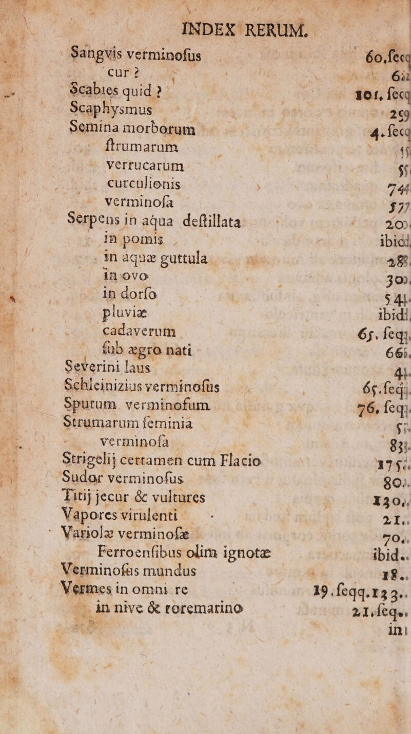 YS cur ? Scabies quid ? Scaphysmus Semina morborum - f'rumarum verrucarum curculienis verminofa Serpens j in aqua deftillata in pomis . in aqua guttula inovo in dorfo pluvia cadaverum fub aegro nati Severini laus Schleinizius verminofus Sputum. verminofum Strumarum feminia verminofa Sudor verminofus Titij jecur & vultures Vapores virulenti Verminofüs mundus Vetmes in omni re -- àn nive & roremarino EA Ses Dao né MM ak ^ of ^2. GE 161, Íecq 79. ibid.. 1$.. 19. feqq.133.. 21.Íeqe, ini