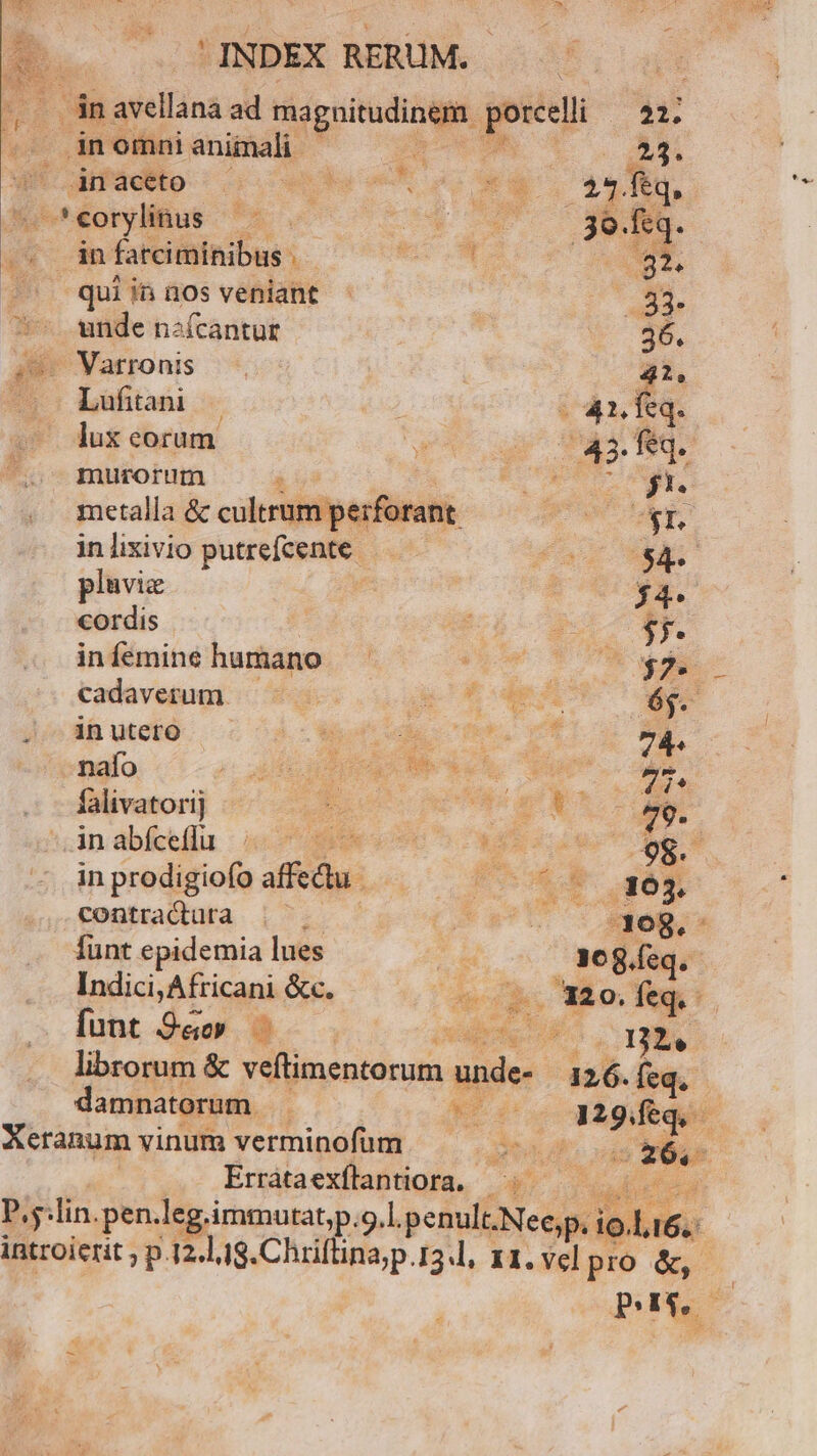 INDEX RERUM. ——— | E avellana ad magnitudinem. pr E LM inomnianimali t EO o Anaceto EN aet SW. 151. - ^ €orylinus A: T2057... 299 (. dn fatciminibus. E. dis COST. -—. quiinnos veniant : ide unde nzícantur 36. 9 Varronis | | 41, Lufini . | - 41, feq. lux eorum d ir^ A3. Te. murorum & 5? | Woo UM LUV metalla & cultrum perf t SETS in lixivio putrefcente. | C. Eds pluvie | $4. cordis XP c $f. infemine humano R2 AIT cadaverum. bes ARR S ME jJ dánutero WA ur Va 74. nafo 2 5 Qo tado^d MET falivatorij * pal 79. in ab&tflu : 0789 905 345 uw 98. in prodigiofo affi: : PUR - .1303. contraduuta . . E. 308. funt epidemia lues T 16 .ícq. it Indici, Africani &c. vlde. 320. feq. funt 9&» — — M FO CIMA librorum & veftimentorum unde- 126. feq. damnatorum . KT nfi Xeranum vinum verminofum dea d (26. as Errátaexítantiora. : 3r s P.5lin.pen. leg.immutat,p. 9.l.penult .Neep. en introicrit ?p. 12.118. Chriflina;p.13.l, I1. Vcl pro 5s Bii