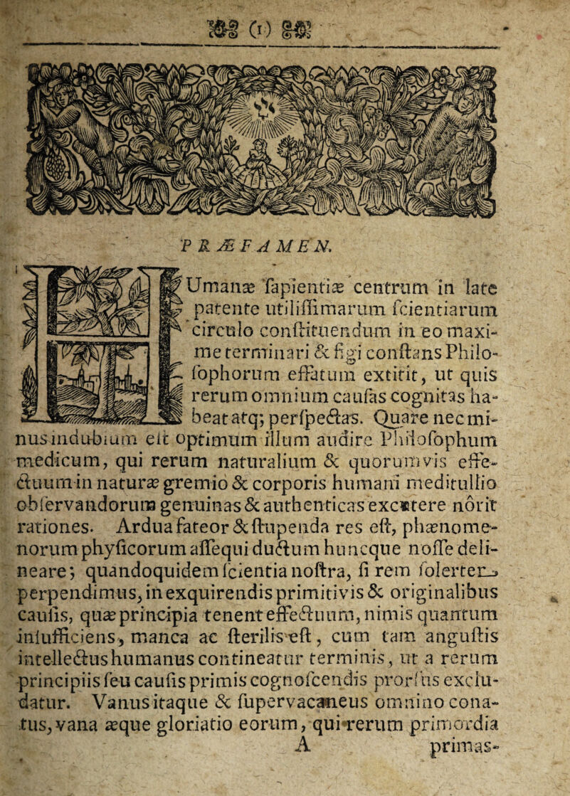 P RJIFJMEN. Umana* lapientiae centrum in late patente utiliffimarum fidentiarum circulo conftituendum in eo maxi¬ me terminari & figi confhns Philo- fophorum effatum extitit, ut quis rerum omnium caufas cognitas ha¬ beat atq; perfpedfcrs. Quare nec mi¬ nus indubium eic optimum illum audire Philofophum medicum, qui rerum naturalium & quorumvis effe- duurn in natura gremio & corporis humani meditullio oblervandorura genuinas&authenticasexc*tere nor it rationes. Ardua fateor Scftupenda res eft, phaenome¬ norum phyficorum affequi duftum huneque noffe deli¬ neare; quandoquidem fcientia noftra, fi rem folerten» perpendimus, in exquirendis primitivis & originalibus caulis, quae principia tenent effefhium, nimis quantum iniufficiens, manca ac fteriliseft, cum tam anguftis i-ntelleftushumanus contineatur terminis, ut a rerum principiisfeu caufis primis eognofcendis proWhs exciti- datur. Vanus itaque & fupervacaneus omnino cona¬ tus, vana aeque gloriatio eorum, qui ♦rerum primordia A primas- %