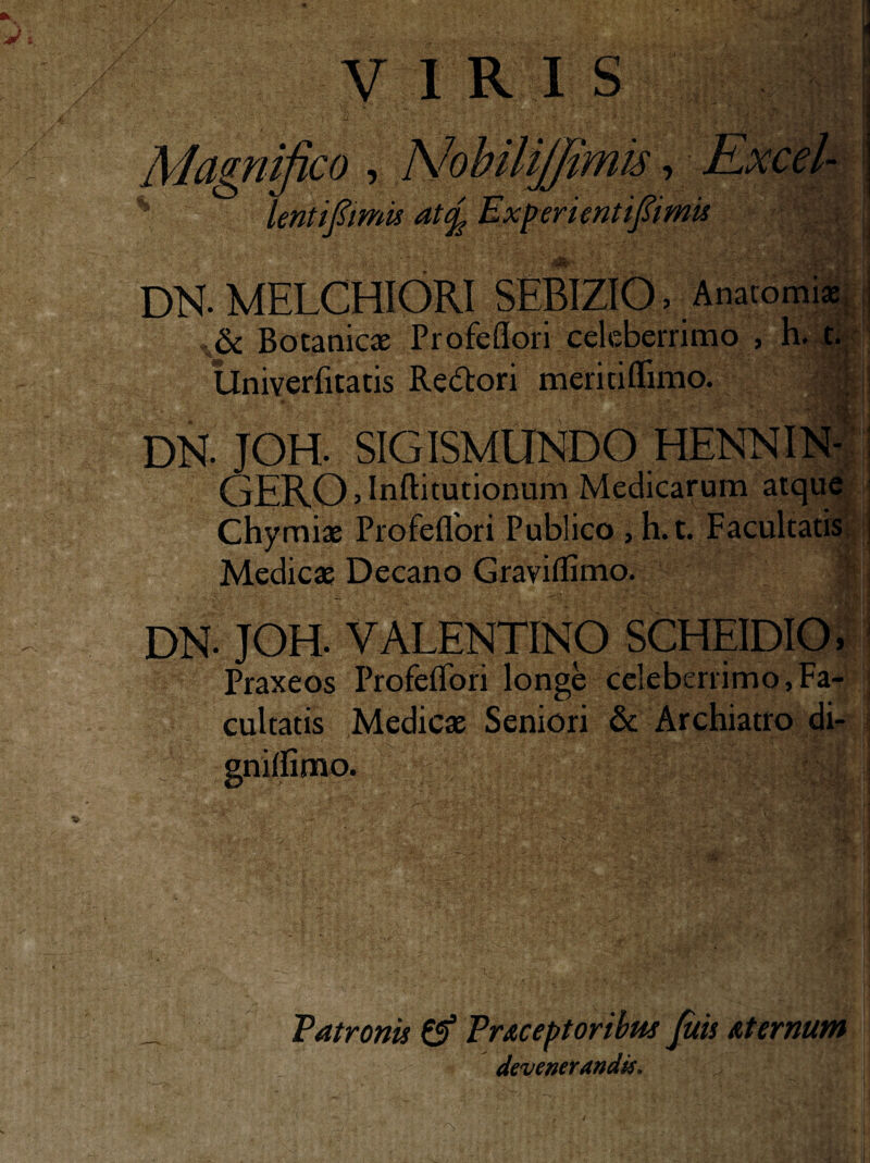 Magnifico , NohiUJfimis, Excel- i lentipmU ati^ Experientifimis DH MELCHIORI SEBIZIO, Anatomi»i f %6c Botanica Profellori celeberrimo , h» j^|; Univerficatis Re(5tori meritiffimo. I i ' t j i ^ DN. Chymiae Profeflbri Publico , h.t. Facultatis Medicae Decano Gravilfimo. DN. JOH. VALENTINO SCHEIDIO, Praxeos Profeflbri longe celeberrimo,Fa¬ cultatis Medicae Seniori & Archiatro di- Vatrom Vrueptorihus fuii Atermm devenerandis. JOH. SIGISMLINDO HENNIN-; bjHI^Ojlnflifutioniim Medicarum atque