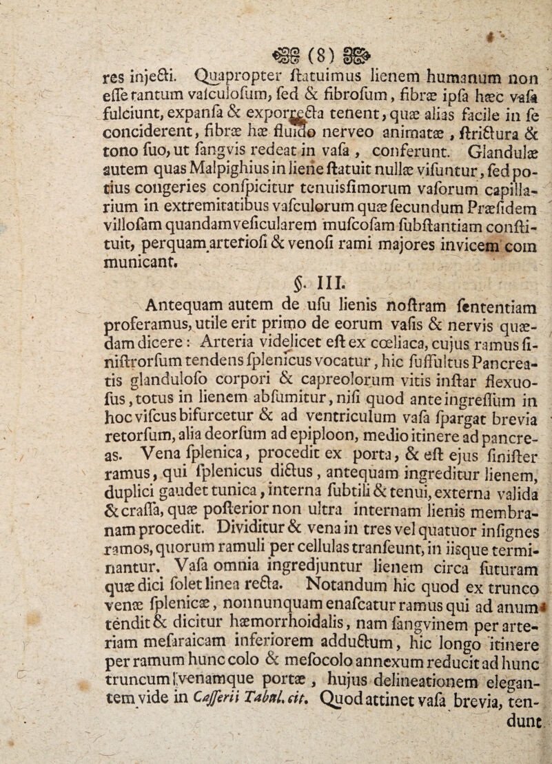 ? m( 8).» - * res inje&i. Quapropter /latuimus lienem humanum non efle tantum valcuiofum, fed & fibrofum, fibrae ipfa haec vafa fulciunt, expanfa & exporrc&a tenent,quae alias facile in fe conciderent, fibrae hae fluido nerveo animatae , ftri&ura & tono fuo, ut fangvis redeat in vafa , conferunt. Glandulae autem quas Malpighius in liene ftatuit nullae vifuntur, fed po¬ tius congeries confpicitur tenuisfimorum vaforum capilla¬ rium in extremitatibus vafculorum quae fecundum Praefidem villofam quandamveficularem mufcofam fubflantiam confti- tuit, perquam arteriofl & venofi rami majores invicem com municant, . f III. Antequam autem de ufu lienis noftram fententiam proferamus, utile erit primo de eorum vafis & nervis quae¬ dam dicereArteria videlicet eft ex coeliaca, cujus ramus li- niftrorfum tendens fplenfcus vocatur, hic fuflultus Pancrea¬ tis glandulofo corpori & capreolorum vitis inflar flexuo- fus,totus in lienem abfumitur.nifi quod anteingreflum in hoc vifcus bifurcetur & ad ventriculum vafa fpargat brevia retorfum, alia deorfum ad epiploon, medio itinere ad pancre¬ as. Vena fplenica, procedit ex porta, & eft ejus finifter ramus, qui fplenicus di&us, antequam ingreditur lienem, duplici gaudet tunica, interna fubcili & tenui, externa valida & craffa, quae pofteriornon ultra internam lienis membra¬ nam procedit. Dividitur & vena in tres vel quatuor infignes ramos, quorum ramuli per cellulas tranfeunt, in iisque termi¬ nantur. Vafa omnia ingredjuntur lienem circa futuram quae dici fblet linea refla. Notandum hic quod ex trunco venae fplenicae, nonnunquam enafcatur ramus qui ad anum* tendit & dicitur haemorrhoidalis, nam fangviriem per arte¬ riam mefaraicam inferiorem adduflum, hic longo itinere per ramum hunc colo & mefocolo annexum reducit ad hunc truncum [venamque portae , hujus delineationem elegan¬ tem vide in Cajferii Tabal, dt. Quod attinet vafa brevia, ten-