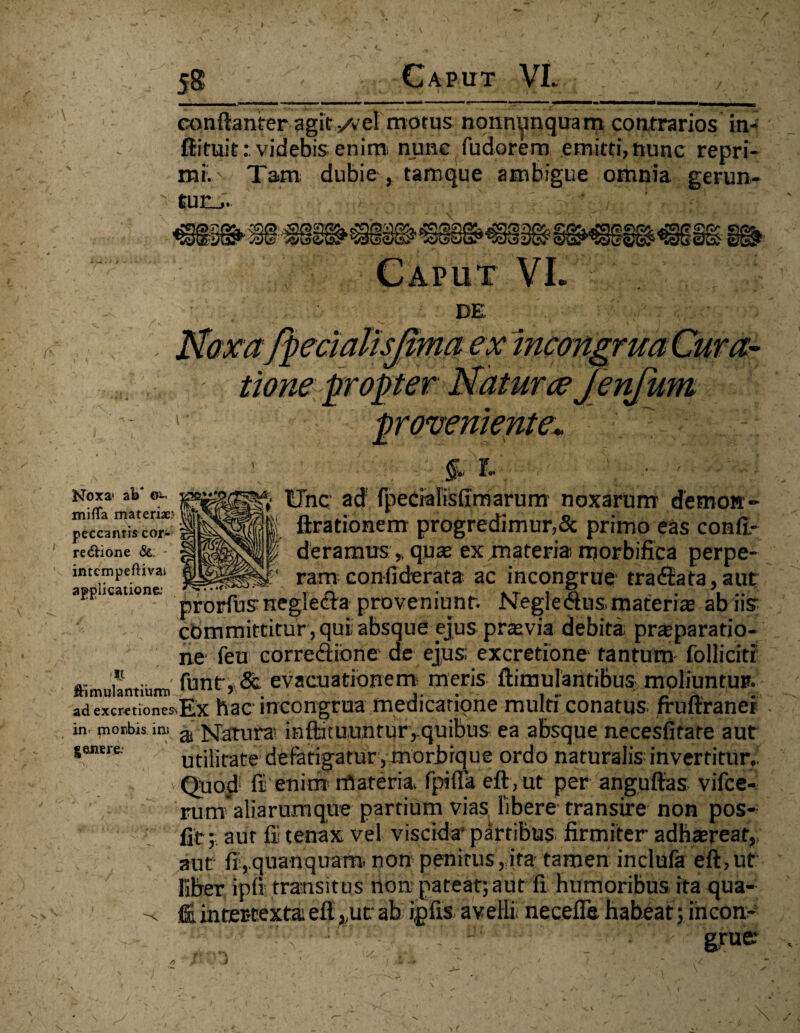 conftanter agit acI motus nonnunquarn contrarios in- ftituitvidebis enim nunc fudorem emitti, nunc repri¬ mi.' Tam dubie , tamque ambigue omnia gerun- turJ. IS^*4a ^cvac /o % Caput VI, ^ ; l DE tialisjimct ex /; tione propter Natur ceJenfum r.. Noxa» al>* o- mifta materiae peccantis cor¬ regione &, intcmpeftivai applicatione; ■It Hinc; ad fpecialisfimarum noxarurrr demon- | Arationem progredimur,& primo eas confi- deramus ,. quae ex materia njorbifica perpe- ‘ ramconfiderata ac incongrue tranata,aut prorfusnegiecia proveniunt. Negledus,materias ab iis committitur, qui; absque ejus praevia debita praeparatio¬ ne’ feu correctione de ejus, excretione tantum foiliciti , funt, Sc evacuationem meris ftimulantibus moliuntur, adexcretiones.Ex hac incongrua medicatione multi conatus fruftranef in mortis in, a Natura; inflntuuntur,.quibus ea absque necesfitare aut genere. utilitate defatigatur, morbrque ordo naturalis invertitur.: Quod! fi enim rfiateria. fpifla eft, ut per anguffas vifce- rum* aliarum que partium vias libere transire non pos- fit; aut fi tenax vel viscida’ partibus firmiter adhaereat,; aut fi,quanquam, non penitus, ita tamen inclufa eft,ut liber ipfi transitus non pareat; aut fi humoribus ita qua- fi inter-cextai eft ,,ut ab jgfis avellii necefle habeat; incorn dno: Tit: ' r grues