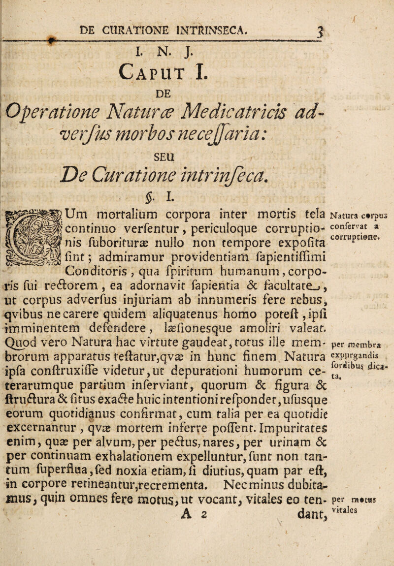 I. N. J. Caput I. DE Operatione Natur re Medie atr icis ad- verjus morbos necejjaria: SEU De Curatione intrinfeca. §. i. Um mortalium corpora inter mortis tela Natura e#rpto continuo verfentur , periculoque corruptio- confer'’ac a nis ruboriturte nullo non tempore expolita C0rruptl9nc' fint; admiramur providentiam fapientiffimi Conditoris, qua fpiritum humanum, corpo¬ ris fui redtorem, ea adornavit fapientia & facultate-», ut corpus adverfus injuriam ab innumeris fere rebus, qvibus ne carere quidem aliquatenus homo pofeft , ipfi imminentem defendere, Isfionesque amoliri valeat. Quod vero Natura hac virtute gaudeat,totus ille mem- per membra brorum apparatus teftatur,qv$ in hunc finem Natura expurgandis ipfa conftruxifie videtur,ut depurationi humorum ce- t°‘ilbus terarumque partium inferviant, quorum & figura & ftrudiura & litus exadie huic intentioni refpondet, ufusque eorum quotidianus confirmat, cum talia per ea quotidie excernantur , qvte mortem inferre poffent. Impuritates enim, quae per alvum,per pedus,nares, per urinam & per continuam exhalationem expelluntur, funt non tan¬ tum fuperflua,fed noxia etiam, fi diutius, quam par eft, in corpore retineantur,recrementa. Nec minus dubita¬ mus, quin omnes fere motus, ut vocant, vitales eo ten- pf , ; - A 2 dant, v‘Mles