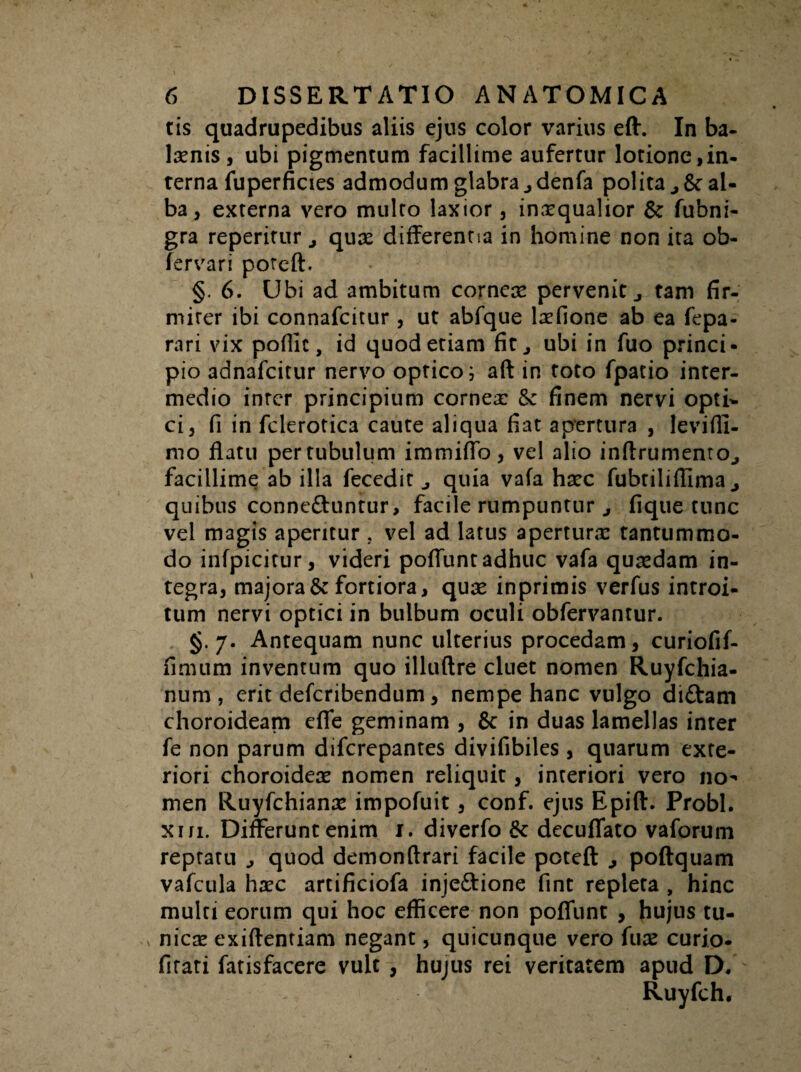 tis quadrupedibus aliis ejus color varius eft. In ba- lienis , ubi pigmentum facillime aufertur lotione,in- terna fuperficies admodum glabra,denfa polita ,&• al¬ ba, externa vero multo laxior, inaequalior & fubni- gra reperitur , quae differentia in homine non ita ob- fervari poreft. §. 6. Ubi ad ambitum corneae pervenit, tam fir¬ miter ibi connafcitur , ut abfque laefione ab ea fepa- rari vix poflic, id quod etiam fitj ubi in fuo princi¬ pio adnafeitur nervo optico i aft in toto fpatio inter¬ medio inrcr principium cornea: finem nervi optf- ci, fi in fclerotica caute aliqua fiat apertura , levifli- mo flatu per tubulum immiffo, vel alio inflrumento, facillime ab illa fecedit , quia vafa haec fubtiliffima , quibus conneftuntur, facile rumpuntur , fique tunc vel magis aperitur , vel ad latus aperturae tantummo¬ do infpicitur, videri poflunt adhuc vafa quaedam in¬ tegra, majora & fortiora, quae inprimis verfus introi¬ tum nervi optici in bulbum oculi obfervantur. §.7. Antequam nunc ulterius procedam, curiofif- fimum inventum quo illuftre cluet nomen Ruyfchia- num, erit deferibendum, nempe hanc vulgo diftam choroideam efle geminam , & in duas lamellas inter fe non parum diferepantes divifibiles , quarum exte¬ riori choroideae nomen reliquit, interiori vero no¬ men Ruyfchianae impofuit, conf. ejus Epift. Probi, xin. Differunt enim r. diverfo decuffato vaforum reptatu , quod demonftrari facile poteft , poftquam vafcula haec artificiofa inje&ione fint repleta , hinc multi eorum qui hoc efficere non poflunt , hujus tu- x nicae exiflentiam negant, quicunque vero fuae curio- fitari fatisfacere vult , hujus rei veritatem apud D. Ruyfch.
