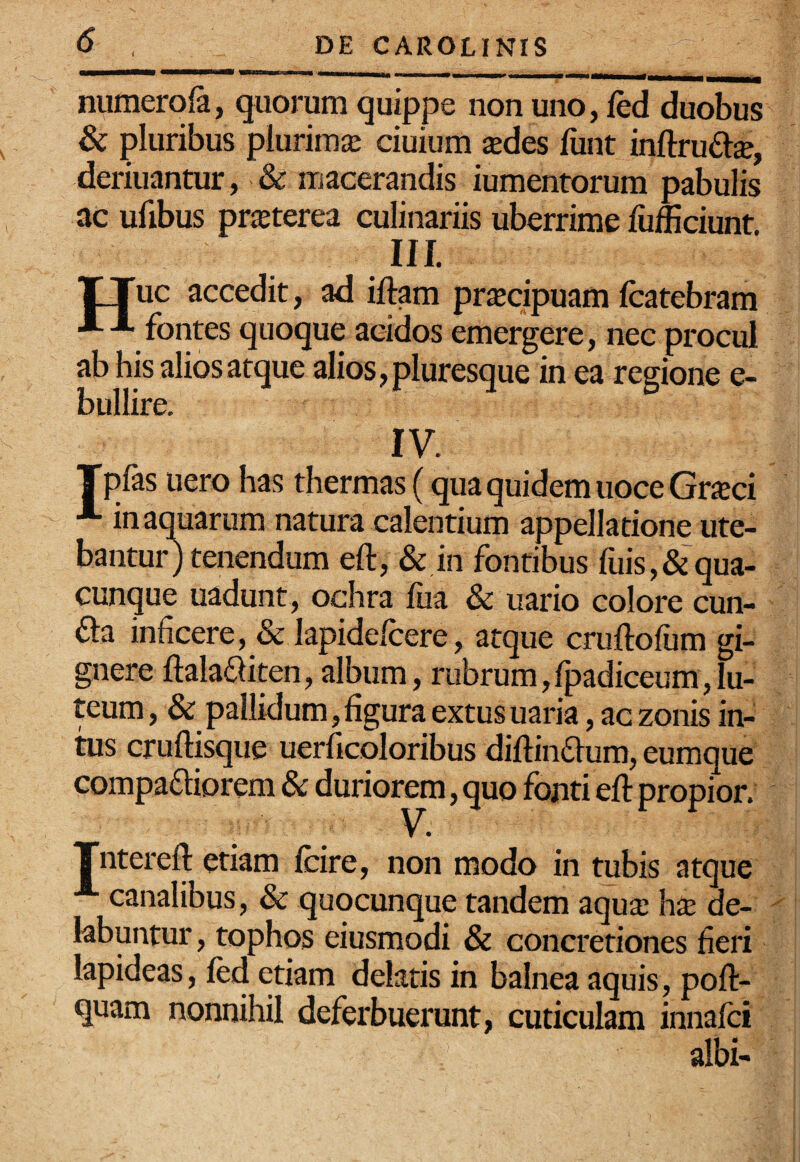 numerofa, quorum quippe non uno , fed duobus & pluribus plurima: ciuium $des funt inftruftje, deriuantur, & macerandis iumentorum pabulis ac ufibus prieterea culinariis uberrime fiifEciunt III. TTuc accedit, ad iftam prjecipuam Icatebram fontes quoque acidos emergere, nec procul ab his alios atque alios, pluresque in ea regione e- bullire. IV. Tpfas uero has thermas (qua quidem uoce Grm in aquarum natura calentium appellatione ute¬ bantur) tenendum eft, & in fontibus fuis,&qua¬ cunque uadunt, ochra fiia & uario colore cun- dla inficere, & lapidefcere, atque cruftofum gi¬ gnere ftalailiten, album, rubrum, fpadiceum, lu¬ teum , & pallidum, figura extus uaria, ac zonis in¬ tus cruftisque uerficoloribus diftindlum, eumque compafliorem & duriorem, quo fonti efi: propior. . Tntereft etiam fcire, non modo in tubis atque canalibus, & quocunque tandem aqua: h£e de- labuntur, tophos eiusmodi & concretiones fieri lapideas, ftd etiam delatis in balnea aquis, poft- quam nonnihil deferbuerunt, cuticulam innafci albi-