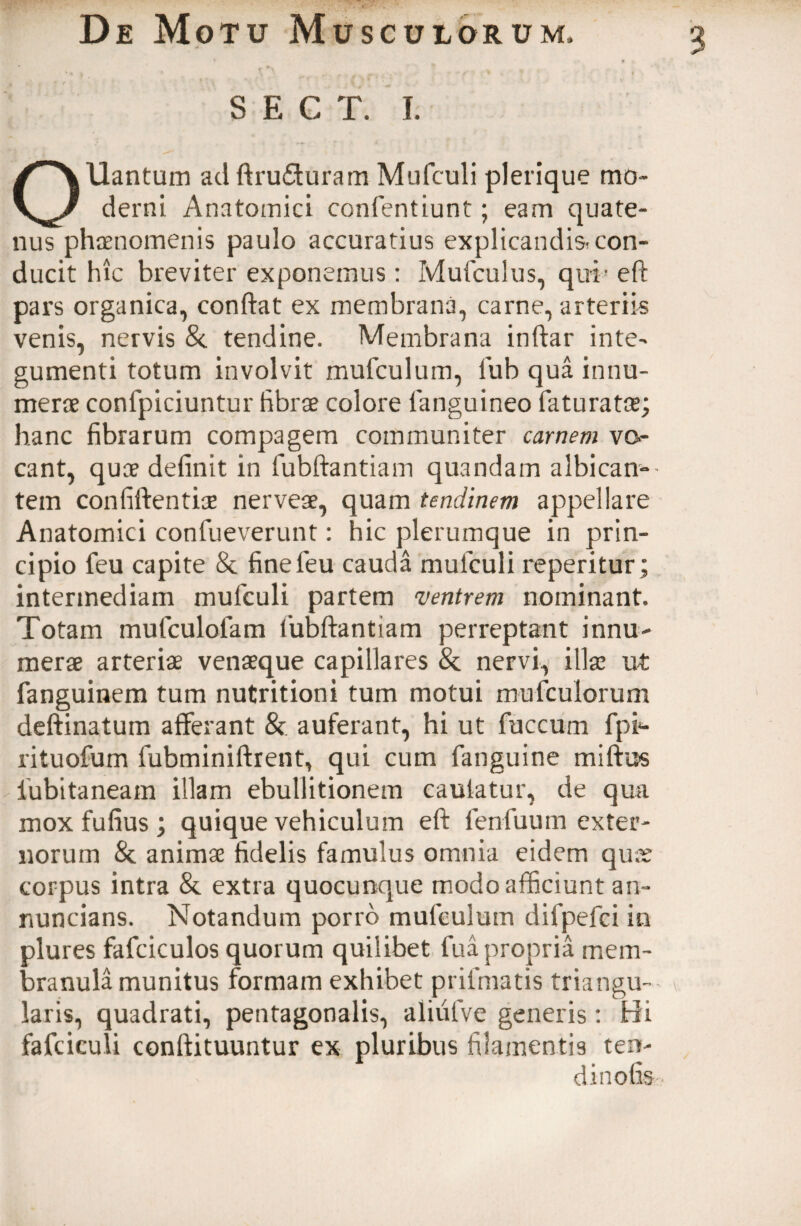 i* f » S E C T. I. OUantum adftrudturam Mufculi plerique mo¬ derni Anatomici confentiunt; eam quate¬ nus phaenomenis paulo accuratius explicandis con¬ ducit hic breviter exponemus: Mufculus, qui- eft pars organica, conftat ex membrana, carne, arteriis venis, nervis & tendine. Membrana inftar inte¬ gumenti totum involvit mufculum, fub qua innu¬ merae confpiciuntur fibrae colore languineo faturatce; hanc fibrarum compagem communiter carnem vo¬ cant, quae definit in fubftantiam quandam albican-- tem confidentiae nerveae, quam tendinem appellare Anatomici confueverunt: hic plerumque in prin¬ cipio feu capite & finefeu cauda mufculi reperitur; intermediam mufculi partem ventrem nominant. Totam mufculolam fubftantiam perreptant innu¬ merae arteriae venaeque capillares & nervi, illae ut fanguinem tum nutritioni tum motui mufculoruni deftinatum afferant & auferant, hi ut fuccum fpi*- rituofum fubminiftrent, qui cum fanguine miftus iubitaneam illam ebullitionem caulatur, de qua mox fufius; quique vehiculum eft fenfuum exter¬ norum & animae fidelis famulus omnia eidem quae corpus intra & extra quocunque modo afficiunt an- nuncians. Notandum porro mufculum difpefci in plures fafciculos quorum quilibet fua propria mem¬ branula munitus formam exhibet prifmatis triangu¬ laris, quadrati, pentagonalis, aliufve generis: Hi fafciculi conftituuntur ex pluribus filamentis ten¬ di notis