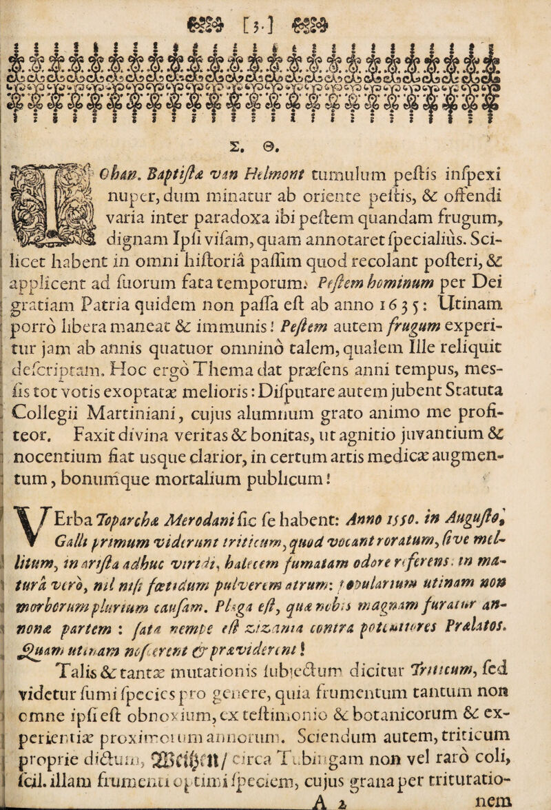 ohm. vm Htlmont tamulum peftis infpexi nuper, dum minatur ab oriente p>eitis, & oftendi varia inter paradoxa ibi peftem qiiandam frugum^ dignam Ipfi viTam,quam annotaret fpecialiiis. Sci- 1 licet habent in omni hiftoria paffim quod recolant pofteri, <S£ 1 applicent ad iiiorum fata temporum; Pifiem hominum per Dei j gratiam Patria quidem non pafTa efl: ab anno 1655: Utinam i porro libera maneat &: immunis l Pefiem autem frugum experi- : tur jam ab annis quatuor omnino talem, qualem Ille reliquit dcfcriptaiiitHoc ergo Thema dat prxfens anni tempus, mes- [ fis tot votis exopratse melioris: Diiputare autem jubent Statuta H Collegii Martiniani, cujus alumnum grato animo me profi- : teor, Faxit divina veritas bonitas, ut agnitio juvantium & 4 nocentium fiat usque clarior, in certum artis medica augmen- 5 tum, bonunique mortalium publicum l l \ Erba Toparcha MerodaniCic fe habent: Anno isso- Augujio^ T Galh prmum vidtrunt triticum^ quod vocant roratum^ (ive mtl'- 1 litum^ tn Anfia adhuc virtdi^ hdtttm fumatam odore nferens, tn ma^ •j tura vero, mi mjt foetidum pulverem atrum: tof^ulanum utinam non !l morborum plurium caufam, Phga e[i, quanvhis magnam furatur an^ 1 nona partem : fata nempe e (i z.!z>ama contra poti^ttores PraUtos. ,i ^uam utiham mfercnt crpravidennt! I Talis (Sctant^ mutationis lubiedum dicitur Trittcum, fcd 1 videtur fumi fpccics pro genere, quia frumentum tantum non i cmne ipfi eft obnoxium, cx tcfiimonio 8c botanicorum &c cx- ] pcricnii^e proximouim annorum. Sciendum autem, triticum I proprie didum, It/ Tubingam non vel raro coli, icii. illam frumena op timi /pecicm, cujus grana per trituratio- J___nem