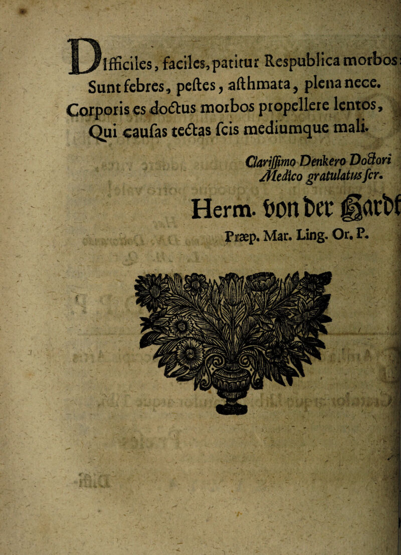 Difficiles, faciles,patitur Respublica morbos: Sunt febres, peftes > afthmata} plenanece. Corporis es <do<5tus morbos propellere lentos, ,| Quicaufas te<5bas fcis mediumque mali« Ciariflimo Denkero Dodori edico gratulatus fer. Herui* t)0U fcCC Praep. Mar. Ling. Or, P.