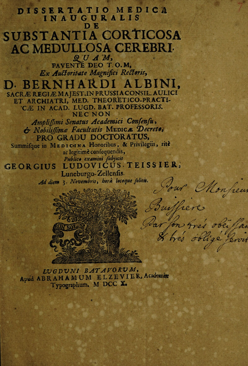 INAUGORAIIS SUBSTANTIA CORTICOSA AC MEDULLOSA CEREBRI- gru a m, PAVENTE DEO T.O.M, Ex Auttoritate Magnifici Refforis, D BERNHARD1 ALBINI, SACRAE REGI Ai MAJEST.IN PRUSSIACONSIL. AULICI ET ARCHIATRI, MED. THEOR&TICO-PRACTI- CiE IN AC AD. LUGD. BAT. PROFESSORIS. NEC NON Ampli fimi Senatus Academici Cmfienfut & Nobiliffima Facultatis Medicje ‘Decretai PRO GRADU DOCTORATUS, Summifque in Medioina Honoribus, & Privilegiis, riti ac legitimi confequendis, Public* examini fitbjtcie GEORGIUS LUDOVICUS TEiSSIER» Luneburgo- Zellenfis. Ad diem l- Novembris, hora locoque folitk. . /J J-/1.' tCee) c/ rtj> / /'? A? C // LVCDVNI BATAVORVM, Apud ABRAHAMUM ELZEVIER,Acadenu» Typographum* M DCC