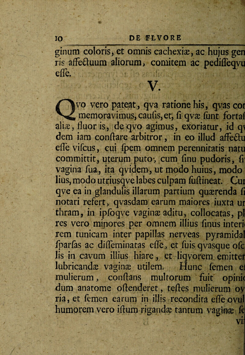 f ginum coloris, et omnis cachexia, ac hujus gen ris afFe&uum aliorum, comitem ac pedifleqvu efle. V. ' ' 4 ' + ' ■ '•>. , * * *■ Qvo vero pateat , qva ratione his, qvascor memoravimus, caulis, et, fi qva; funt fortal aliae, fluor is, de qvo agimus, exoriatur, id q\ dem iam conflare arbitror , in eo illud affe&u efle vifcus, cui fpem omnem perennitatis natu committit, uterum puto-, cum finu pudoris, fi' vagina fua, ita qvidem, ut modo huius, modo lius, modo utriusqve labes culpam fuftineat. Cui qve ea in glandulis illarum partium quserenda fi notari refert, qvasdam earum maiores iuxta ur thram, in iplbqve vaginte aditu, collocatas, pl res vero mipores per omnem illius finus interi» rem tunicam inter papillas nerveas pyramidal fparfas ac difleminatas efle, et fuis qvasque ofc lis in cavum illius hiare, et liqvorenx emitter lubricanda vagina utilem. Hunc femen ei mulierum, conflans multorum fuit opinit dum anatome oftenderet, tefles mulierum ov ria, et femen earum in illis recondita efle ovul humorem vero iftum riganda tantum vagina fe