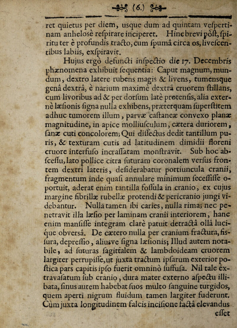 (<>.) £«#- ret quietus per diem, usque dum ad quintam vefperti- nam anhelose refpirare inciperet. Hinc brevi poft, fpi- rituter c profundis trado, cum fpuma circa os,livefcen- tibus labiis, exfpiravit. Hujus ergo defundi infpedio die 17. Decembris phasnomena exhibuit fequentia: Caput magnum, mun¬ dum, dextro latere rubens magis & livens, tumensque gena dextra, e narium maxime dextra cruorem ftillans, cum livoribus ad & per dorfum late protenlis, alia exter¬ ne lselionis ligna nulla exhibens, prarterquam fuperftitem adhuc tumorem illum, parvas caftaneas convexo planae magnitudine, in apice molliufculum, cetera duriorem, fanas cuti concolorem; Qui dilledus dedit tantillum pu¬ ris, texturam cutis ad latitudinem dimidii floreni cruore interfufo incrafiatam monftravit. Sub hoc ab- fceflu, lato pollice citra futuram coronalem verfus fron¬ tem dextri lateris, deliderabatur portiuncula cranii, fragmentum inde quali annulare minimum fecelfilTe o- portuit, aderat enim tantilla folfula in cranio, ex cujus margine fibrillas rubellas protendi pericranio jungi Vi¬ debantur. Nulla tamen ibi caries, nulla rima; nec pe¬ netravit illa laslio per laminam cranii interiorem, hanc enim manlilTe integram clare patuit detrada olla luci- que obversa. De castero nulla per cranium fradura,fis- lura, deprelllo, aliusve ligna laslionis; Illud autem nota¬ bile, ad futuras fagittalem & lambdoideam cruorem largiter perrupifle,ut juxta tradum ipfarum exterior po- ftica pars capitis ipfo fuerit omnino fuffufa. Nil tale ex- travafatum liib cranio, dura mater externo afpedu illi¬ bata, linus autem habebat fuos multo fanguine turgidos, quem aperti nigrum fluidum tamen largiter fuderunr. Cum juxta longitudinem falcis incilione fada elevandus eflet