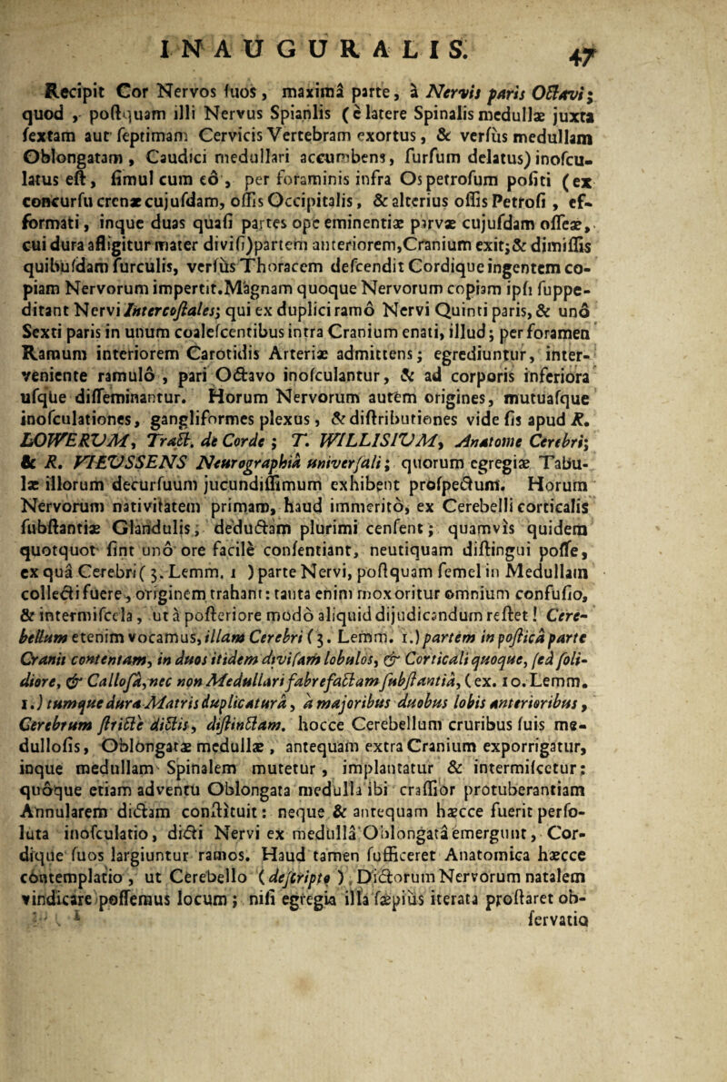 Recipit Cor Nervos fuos, maxima parte, a Nervis paris Oftavi; quod ,- poftquam illi Nervus Spianlis (c latere Spinalis medullae juxta fextam aurfeptimam Cervicis Vertebram exortus, & verius medullam Oblongatam, Caudici medullari accumbens, furfum delatus)inofcu- latus eft, fimul cum eo, per foraminis infra Ospetrofum pofiti (ex concurfucrcnxcujufdam, ollis Occipitalis, & alterius offis Petrofi , ef- formati, inque duas quafi partes ope eminentiae p?rvae cujufdam offeae, cui dura afligiturmater divifj)partem anteriorem,Cranium exit;& dimiffis quibuidam furculis, verfus Thoracem defeendit Cordique ingentem co¬ piam Nervorum impertit.Magnam quoque Nervorum copiam ipfi fuppe- ditant Nervi Intercofiales; qui ex duplici ramo Nervi Quinti paris, & uno Sexti paris in unum coalefcentibus intra Cranium enati, illud; per foramen Ramum interiorem Carotidis Arteriae admittens; egrediuntur, inter¬ veniente ramulo , pari Odavo inofculantur, & ad corporis inferiora ufqlie difTeminantur. Horum Nervorum autfcm origines, mutuafque inofculationes, gangliformes plexus, &diflributianes vide (is apud R. LOTVERVM^ Trath. de Corde ; T. JVILLISIZJM, j^natome Cerebri; & R. yiEVSSENS Neurographid miverfali; quorum egregiae Tabu¬ lae illorum decurfuuni jucundiffimum exhibent profpedum. Horum Nervorum nativitatem primam, haud immerito, ex Cerebelli corticalis fubftantiae Glandulis; dedudam plurimi cenfent; quamvis quidem quotquot* fint uno ore facile confentiant, neutiquam diflingui poffe, ex qua Cerebri( 3. Lemm. i ) parte Nervi, poftquam femelin Medullam colledi fuere, originem traham: tanta enim rnoxoritur omnium confufio, & intermifccla, ut a pofleriore modo aliquid dijudicandum reflet! Cere¬ bellum etenim vocamus, illam Cerebri ( 3. Lemm. 1.)partem in yofticd parte Cranii contentam, in duos itidem divifam lobulos, & Corticali quoque, (ed [oli¬ diore, & CalloJa,nec non Medullari fabrefatlam fubftantid, ( ex. 10. Lemm. 1J tumque dura Matris duplicatura, d majoribus duobus lobis anterioribus, Cerebrum ftritte ditiis, diftintlam. hocce Cerebellum cruribus fuis me- dullofis, Oblongatae medullae, antequam extra Cranium exporrigatur, inque medullanv Spinalem mutetur, implantatur & intermifeetur; quoque etiam adventu Oblongata medulla ibi craffior protuberantiam Annularem didiam conftituit: neque & anrequam haecce fuerit perfo- luta inofculatio, didi Nervi ex medulla Oblongata emergunt, Cor- dfqUe fuos largiuntur ramos. Haud tamen fufficeret Anatomica haecce contemplatio, ut Cerebello (dejtript? ) , Didorum Nervorum natalem vindicare pefTemus locum ; nili egregia illa fepius iterata proflaret ob- 1 fervadQ