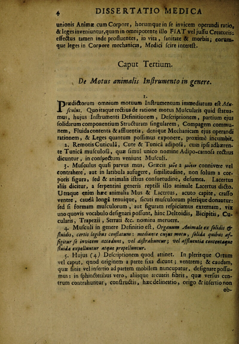 unionis Anim* cum Corpore, horumquein fc invicem operandi ratio* & leges inveniuntur,quam in omnipotente illo FIAT vel juffu Creatoris dfedus tamen inde profluentes, invita, fanitate & morbis; eorum» que leges in Corpore mechanicas, Medici fcire intereft. Caput Tertium. De Motus animalis Inflrumento in genere. I. Praedi&orum omnium motuum Inftrumcntum immediatum eft Mu- [culus, Quoitaquerediuide ratione motus Mufcularis quid ftatua- mus, hujus Inftrumenti Definitionem , Defcriptionem, partium ejus folidarumcomponentium Structuram lingularem, Compagem commu¬ nem, Fluida contenta & affluentia, denique Mechanicam ejus operandi rationem, & Leges quantum pofflmus exponere, proxime incumbit. i. Remotis Cuticula, Cute & Tunica adipofa, cum ipfi adhaeren¬ te Tunica mufculofa, quae fimul unico nomine Adipo-carnofa regius dicuntur, inconfpedum veniunt Mufculi. 5. Mufculus quafi parvus mus, Graecis juCV a pueiv connivere vel contrahere', aut in latibula aufugere, fimilitudine, non folum a cor¬ poris figura, fed & animalis iftius confuetudine, defumta. Lacertus aliis dicitur, a ferpentini generis reptili illo animale Lacertus dido. Utraque enim haec animalia Mus & Lacertus, acuto capite, craffo ventre , cauda longi tenuique, ficuti mufculorum pleriquedonantur: fed fi formam mufculorum , aut figuram refpiciamus externam, vix uno quovis vocabulo defignari poliunt, hinc Deltoidis, Bicipitis , Cu- ^ cularis, Trapezii, Serrati &c. nomina meruere. 4. Mufculi in genere Definitio effc, Organum Animale ex [olidis & fluidis, certis legibus conflatum : mediante cujus motu, [olida quibus af¬ figitur fi invicem accedunt, vel diftrahuntur; vel affluentia centcntaqut fluida expelluntur atque propelluntur, 5. Hujus O4J Defcriptionem quod attinet. In pleris que Ortum vel caput, quod originem a parte fixa dicunt; ventrem; & caudam, quae finis velinfertio ad partem mobilem nuncupatur, defignarepoflu- mus: in fphinderibus vero, aliisque arcuatis fibris, quae verfus cen¬ trum contrahuntur, confirudis, haec delineatio, origo & infercio non ob- I