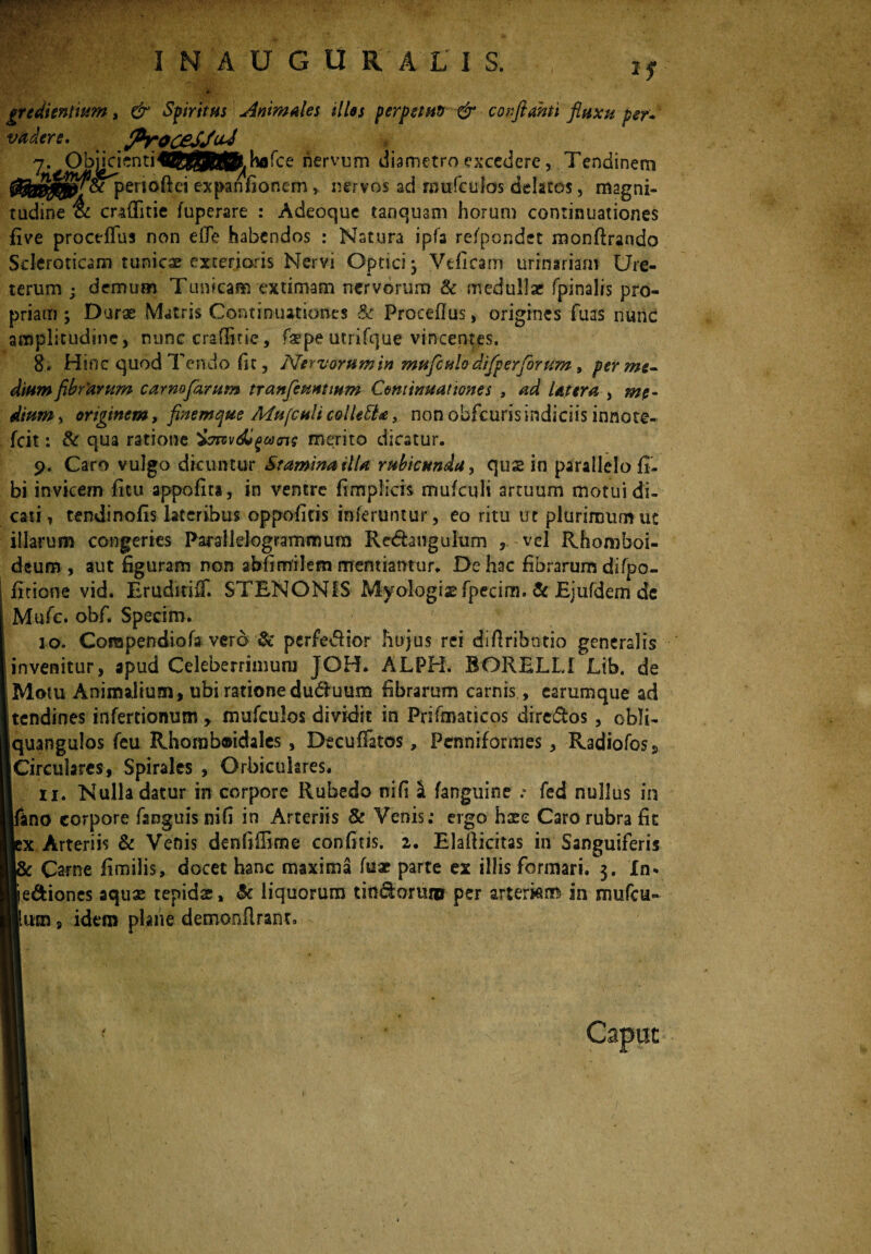 gredientium, & Spiritus Animales Hies perpetui) & conflanti fluxu per* vadere. 7. Objecihafce nervum diametro excedere, Tendinem penoftei expanfionem, nervos ad mufcnlos delatos, magni¬ tudine o: cndlitie fuperare : Adeoque tanqmm horum continuationes five procellas non efTe habendos : Natura ipfa refpondet monftrando Scleroticam tunicae exterioris Nervi Optici^ Vtficam urinariam Ure¬ terum ; demum Tunicam extimam nervorum & medullae fpinalis pro¬ priam ; Durae Matris Continuationes & Proceflus, origines Tuas nunc amplitudine, nunc crafFnie, faepe utrifque vincentes. 8. Hinc quod Tendo (it, Nervorum in mufculodifp er forum, per me¬ dium fib favum camo far um tranfeunuum Continuationes , ad Utera , me¬ dium , originem, finemque MufculicolUSU, non obfcurisindiciis innote- fcit: & qua ratione ^Trsv^^coam merito dicatur. 9. Caro vulgo dicuntur Staminatlla rubicunda, qus in parallelo fi- bi invicem ficu appofita, in ventre fimplicis mufculi artuum motui di¬ cati, tendinofis lateribus oppofitis inferuntur, eo ritu ut plurimum ut illarum congeries Parailelogrammum Redtangulum , vel Rhomboi¬ deum , aut figuram non abfimilem mentiantur. De hac fibrarum difpo- fitione vid. Eruditiff. STENON1S Myologixfpecim. & Ejufdem de Mufc. obf. Specim. 10. Corapendiofa vero & pcrfe&ior hujus rei difiribntio generalis invenitur, apud Celeberrimum JOH. ALPH. BORELLI Ltb. de Motu Animalium, ubi ratione dud-uum fibrarum carnis, earumque ad tendines inferdonum , mufculos dividit in Prifmaticos dire&os, obli- quangulos fcu Rhomboidales , Decufikos, Penniformes, Radiolos, Circulares, Spirales , Orbiculares. 11. Nulla datur in corpore Rubedo nifi a fanguine .■> fed nullus in fano corpore (anguis nifi in Arteriis & Venis; ergo hxc Caro rubra fic x Arteriis & Venis denfifFime confitis. 2. Elafticitas in Sanguiferis Carne fimilis, docet hanc maxima fuae parte ex illis formari. 3. In* e&iones aqux tepidx, Sc liquorum tindorum per arterkiB in mufeu- tm, idem plane demonflranto /