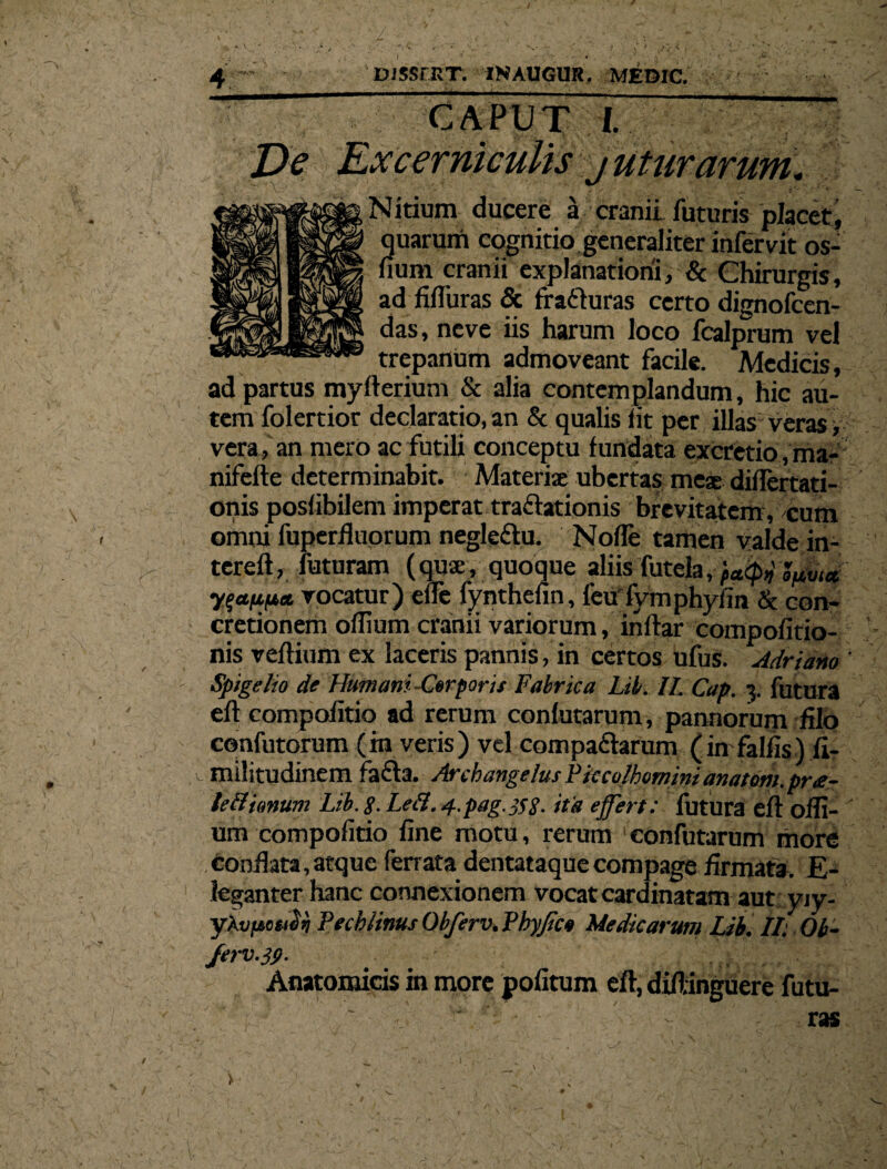 CAPUT I. Ve ExcernicuUs j ut ur arum. V/' . i ' \ • ‘ ; - . ■. . ’ * * Nitium ducere a cranii futuris placet, quarum cognitio generaliter infervit os- fium cranii explanationi, & Chirurgis, ad fidiiras & ff a&uras certo dignofeen- das, neve iis harum loco fcalprum vel trepanum admoveant facile. Medicis, ad partus my fterium & alia contemplandum, hic au¬ tem folertior declaratio, an & qualis fit per illas veras > vera, an mero ac futili conceptu fundata excretio,ma- nifefte determinabit. Materise ubertas meae diflertati- onis posfibilem imperat traftationis brevitatem, cum omni fuperfluorum negle&u. Nofle tamen valde in¬ ter eft, futuram (quae, quoque aliis futela, '9(Mllt y^ctfifia vocatur) ene fynthefin, feufymphyim & con¬ cretionem oflium cranii variorum, inftar compofitio- nis veftium ex laceris pannis, in certos ufus. Adriam ' Spigelio de Humani -Cerpons Fabrica Lib. II, Cap. 3. futura eft compoiitio ad rerum conlatarum , pannorum filo confotorum (in veris) vel compa&arum ( in fallis) fi- v- militudinem fafta. Arcbangelus Piccolhomini anatom. pr<e- lettimum Lib. g. Lett. 4.pag.^S- ita effert: futura eft ofti- um compoiitio line motu, rerum confutaram more conflata, atque ferrata dentataque compage firmata. E- leganter hanc connexionem vocat cardinatam aut yjy- yivftcudti Fechlinus Obferv. Fhyfic9 Medicarunt Lib. II: Ob- Jerv.39. . - ' vr,:^ Anatomicis in more politum eft, diftinguere futu-